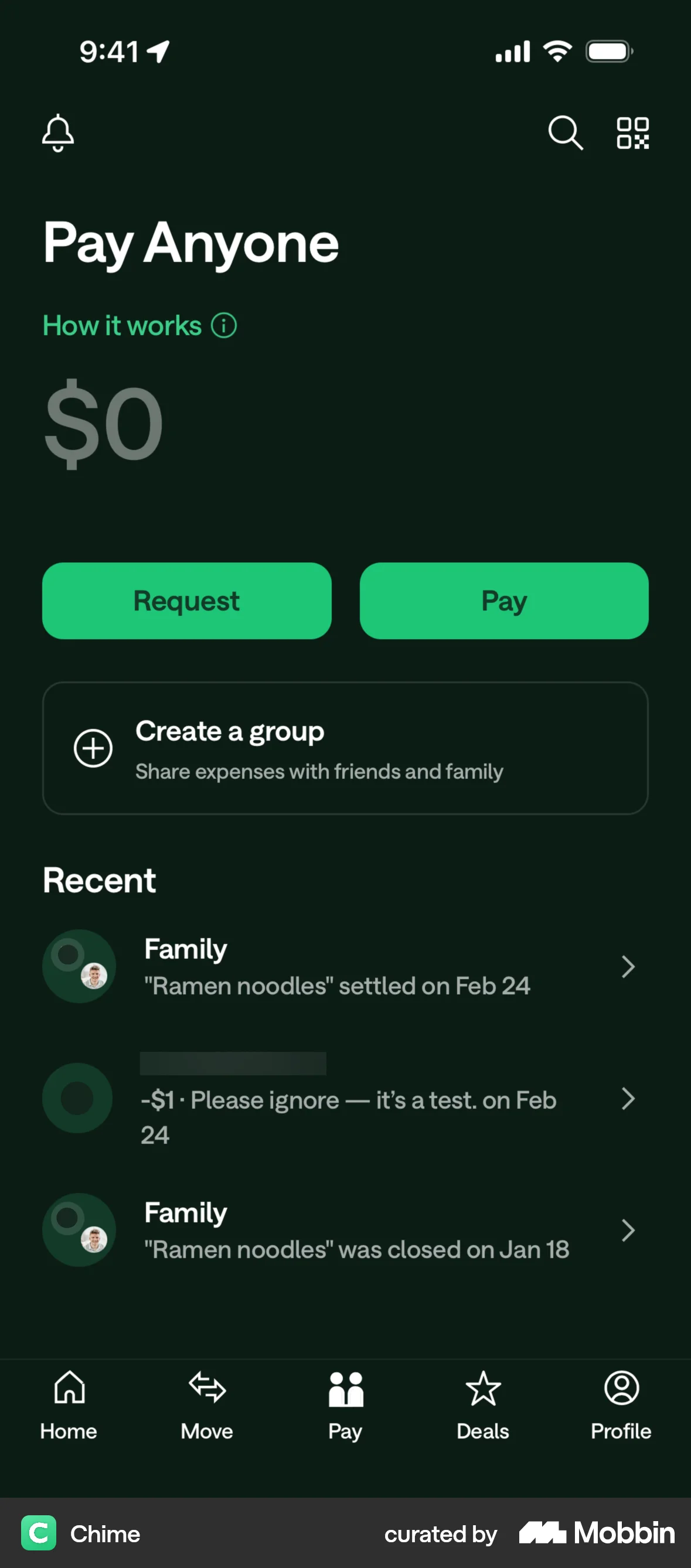 Chime iOS Dark Mode screen