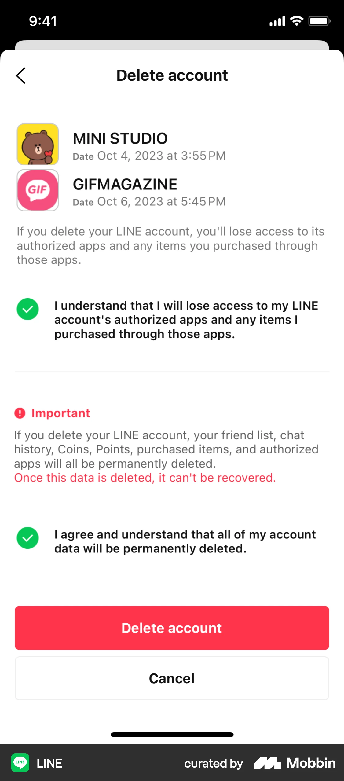 LINE iOS Delete & Deactivate Account screen