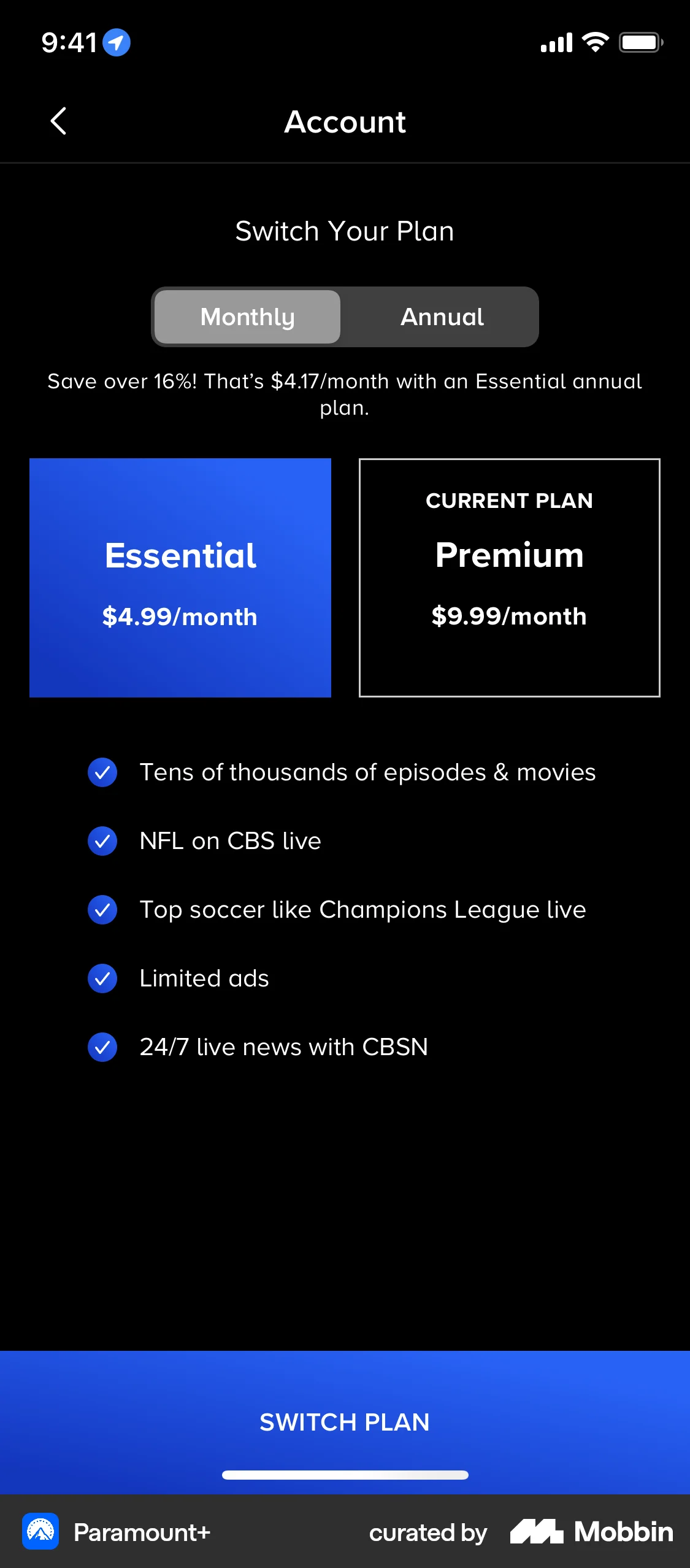 Paramount+ iOS screen containing Segmented Control UI element