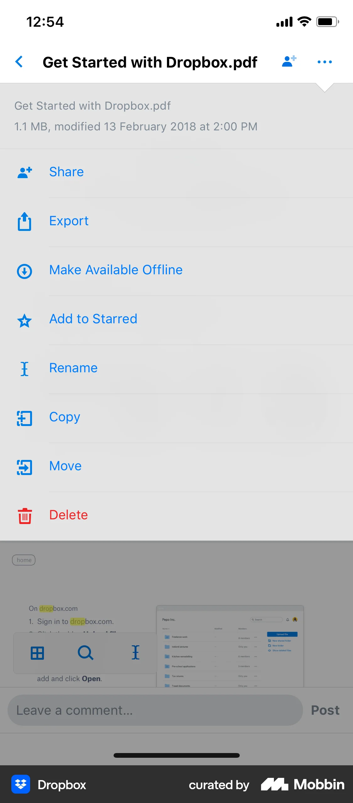 Dropbox iOS screen containing Drawer UI element
