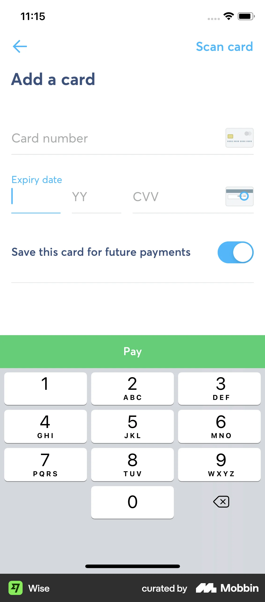 Wise iOS Payment Method screen