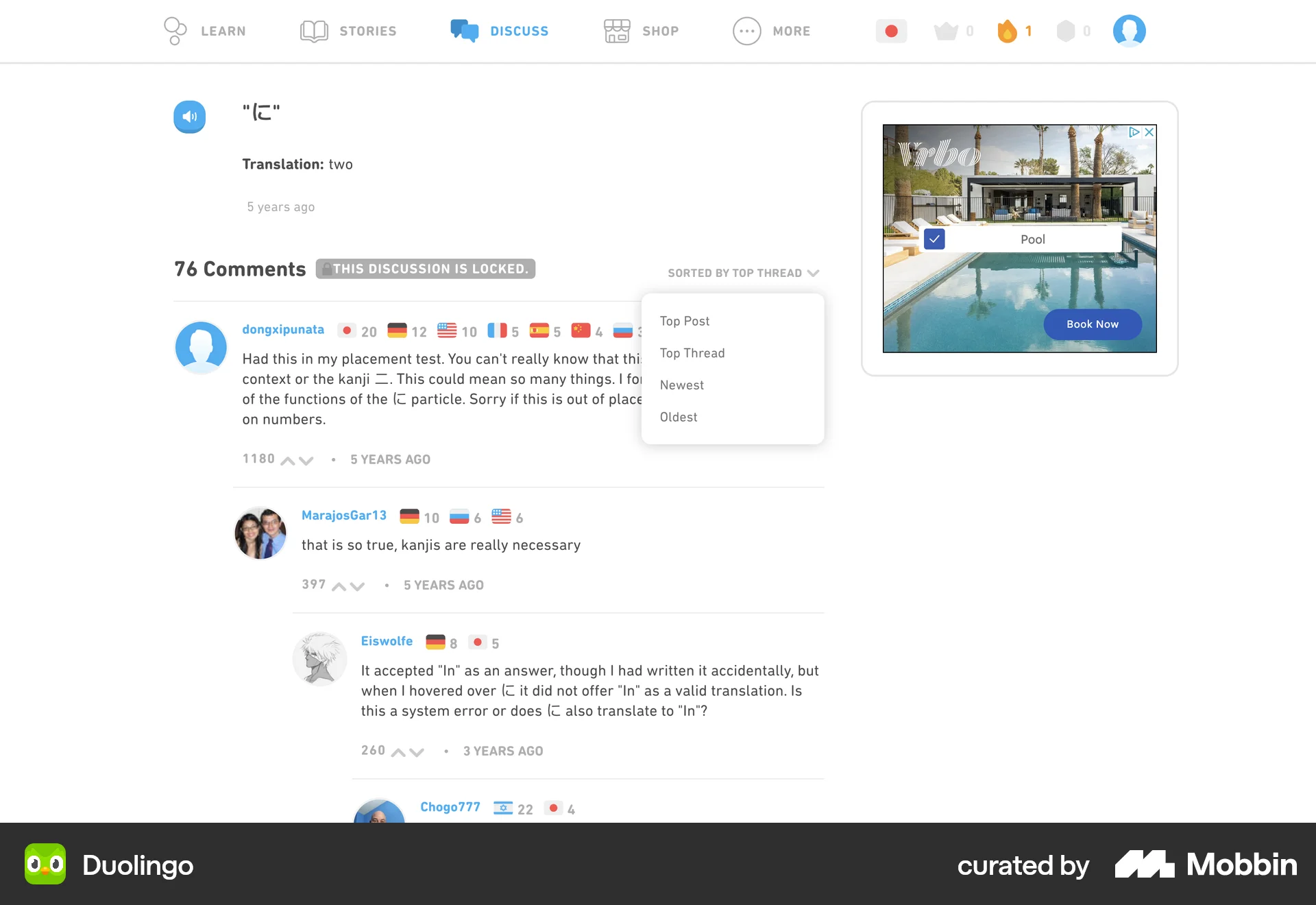 Duolingo Web Filter & Sort screen