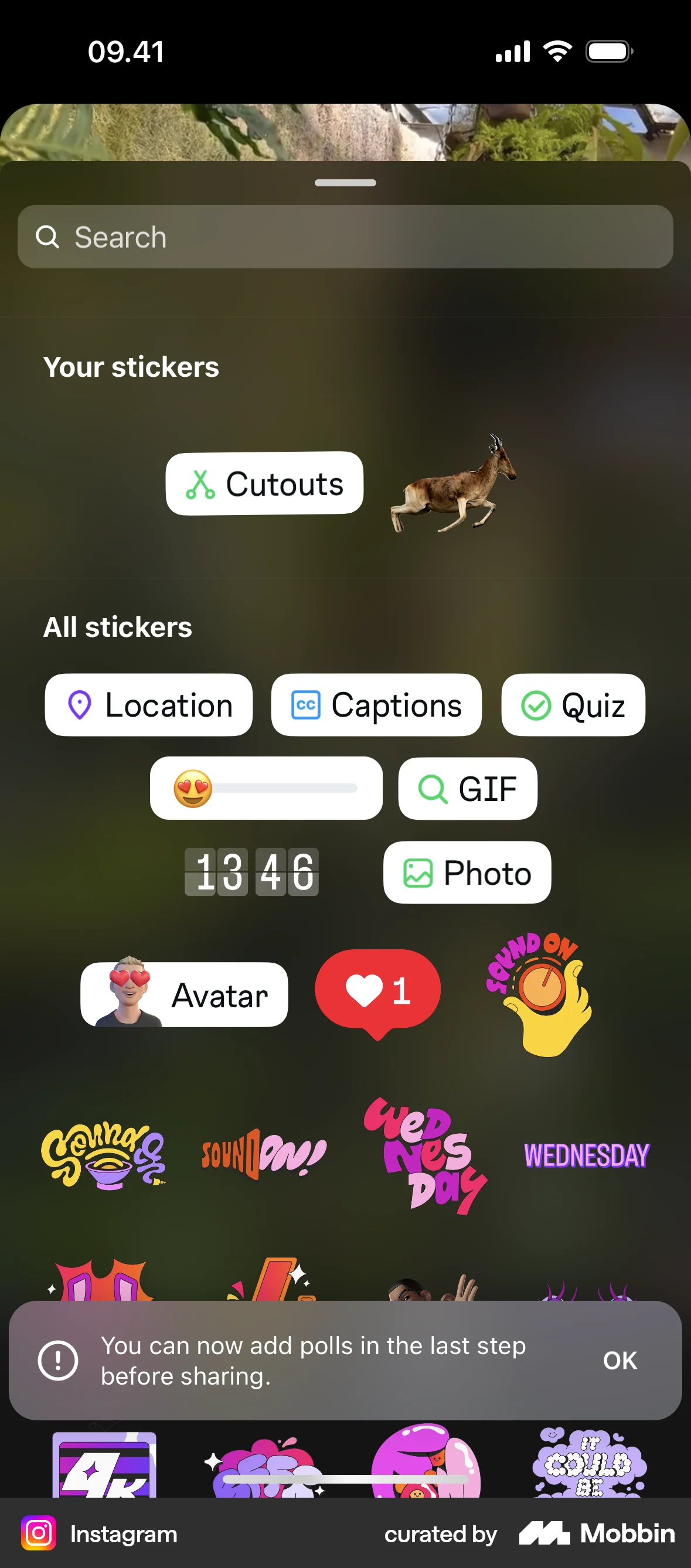 Instagram iOS Filters & Stickers screen