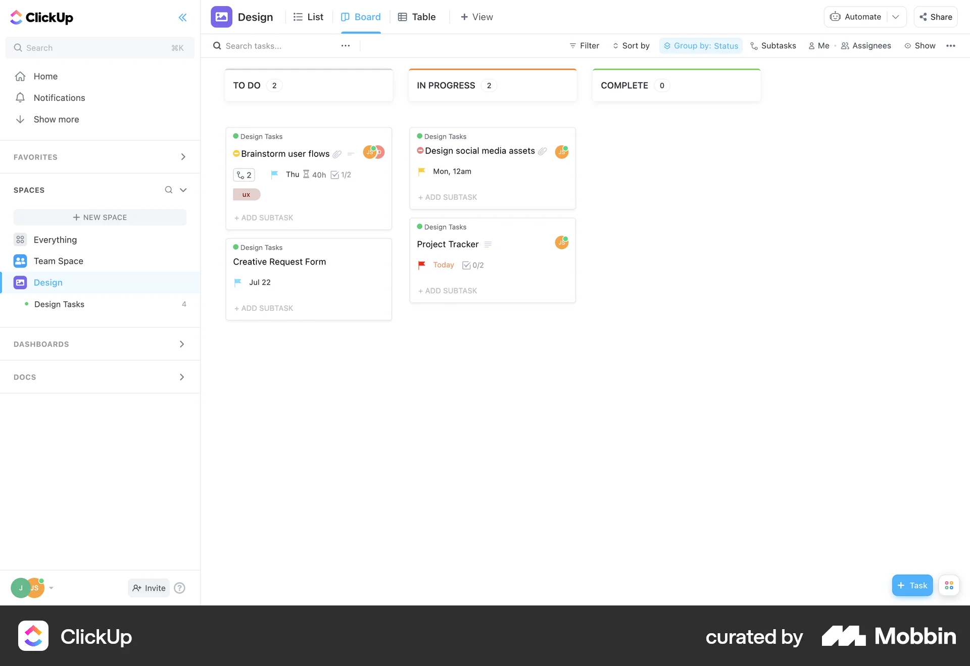 ClickUp Web Kanban Board screen