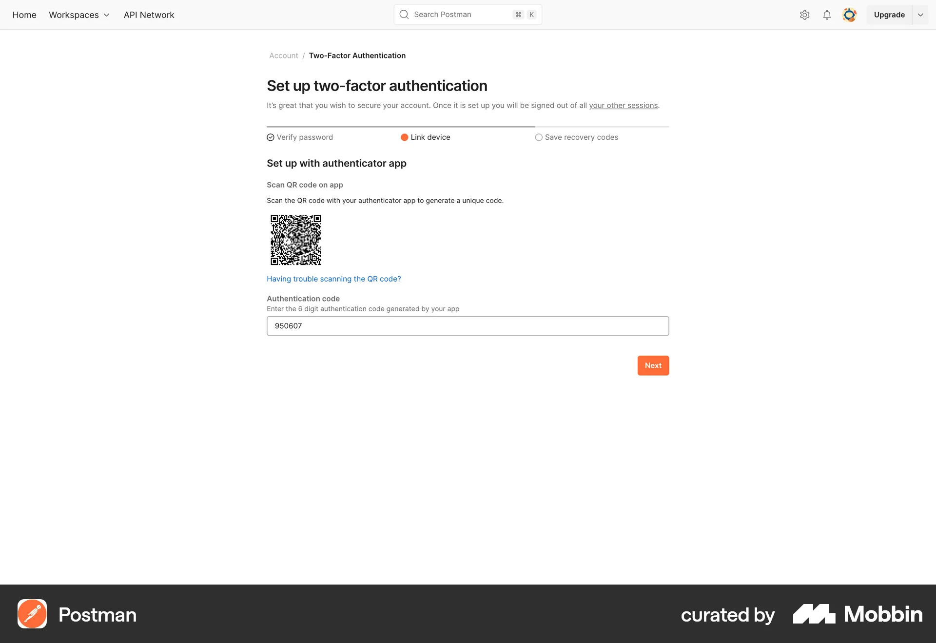 Postman Web QR Code screen