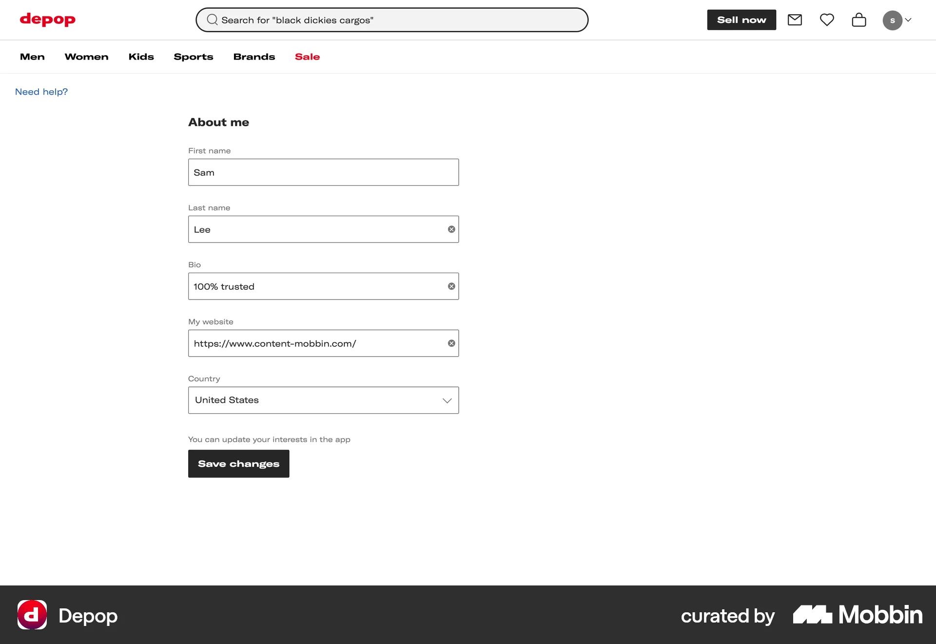Depop Web Edit screen