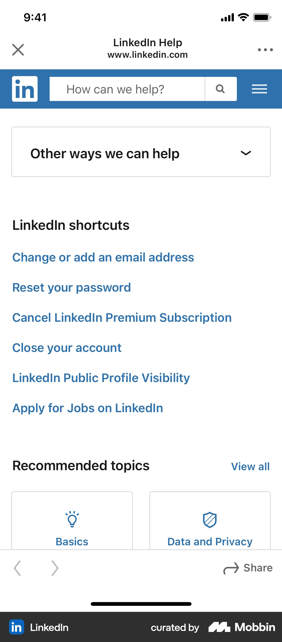 LinkedIn iOS Help & Support screen
