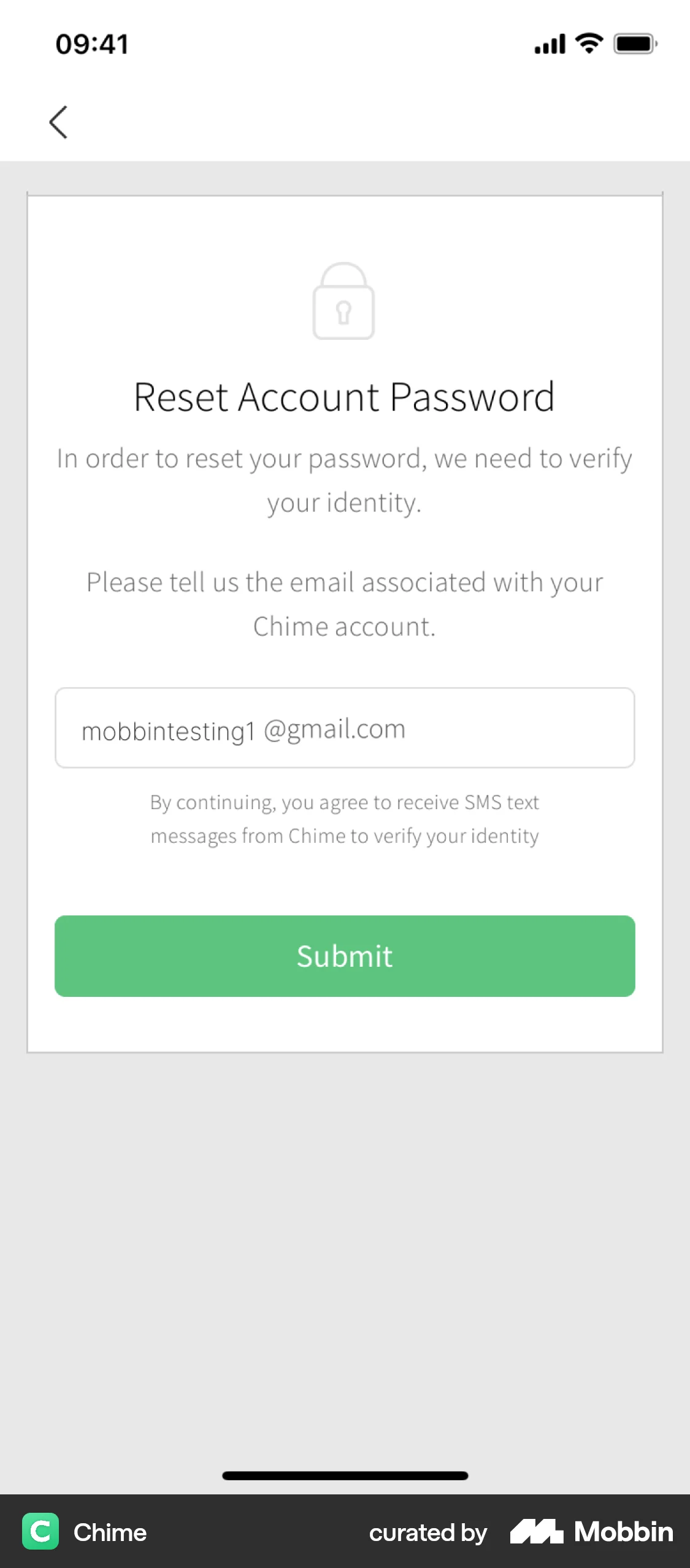 Chime iOS Forgot Password screen