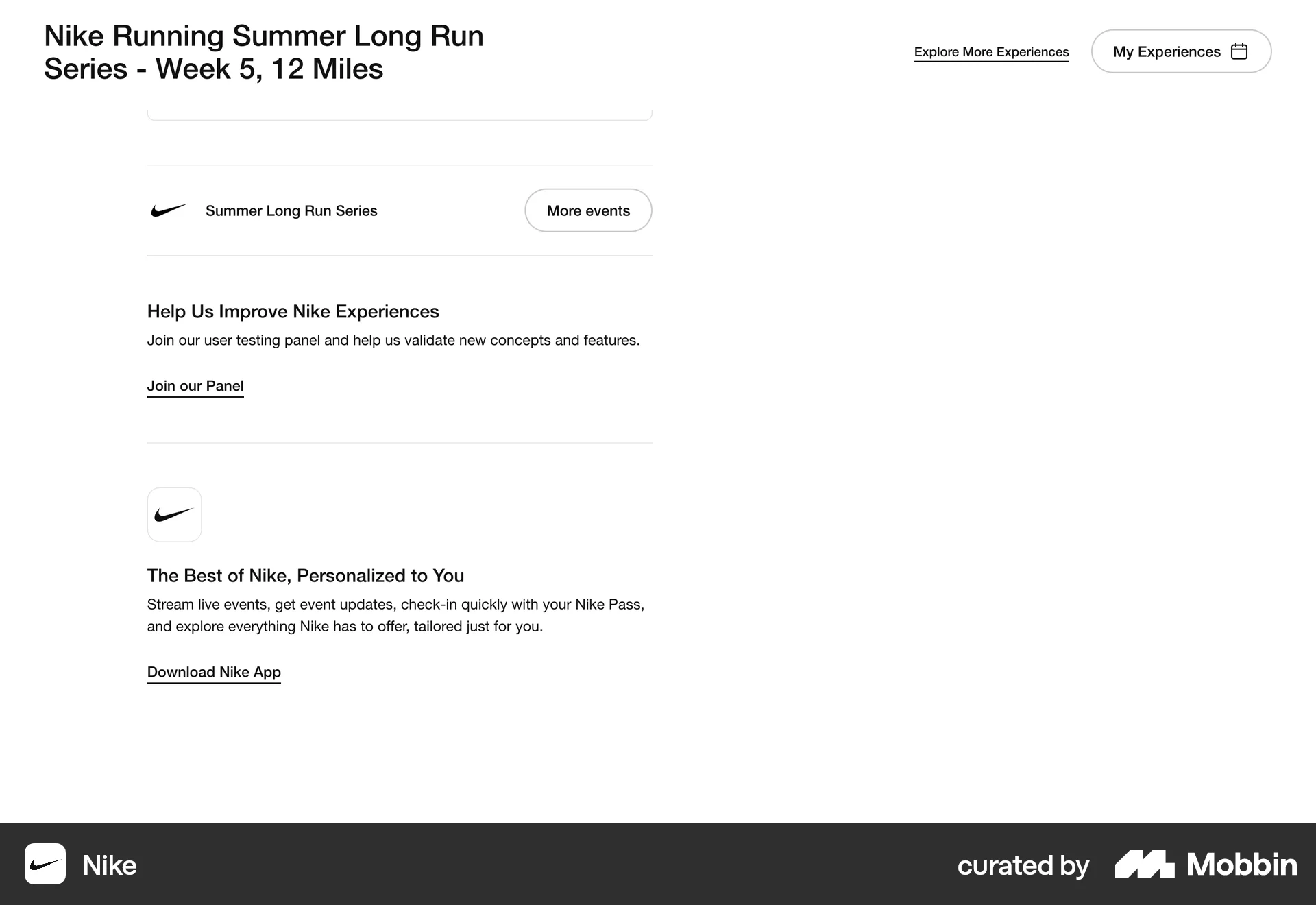 Nike Web Event Detail screen