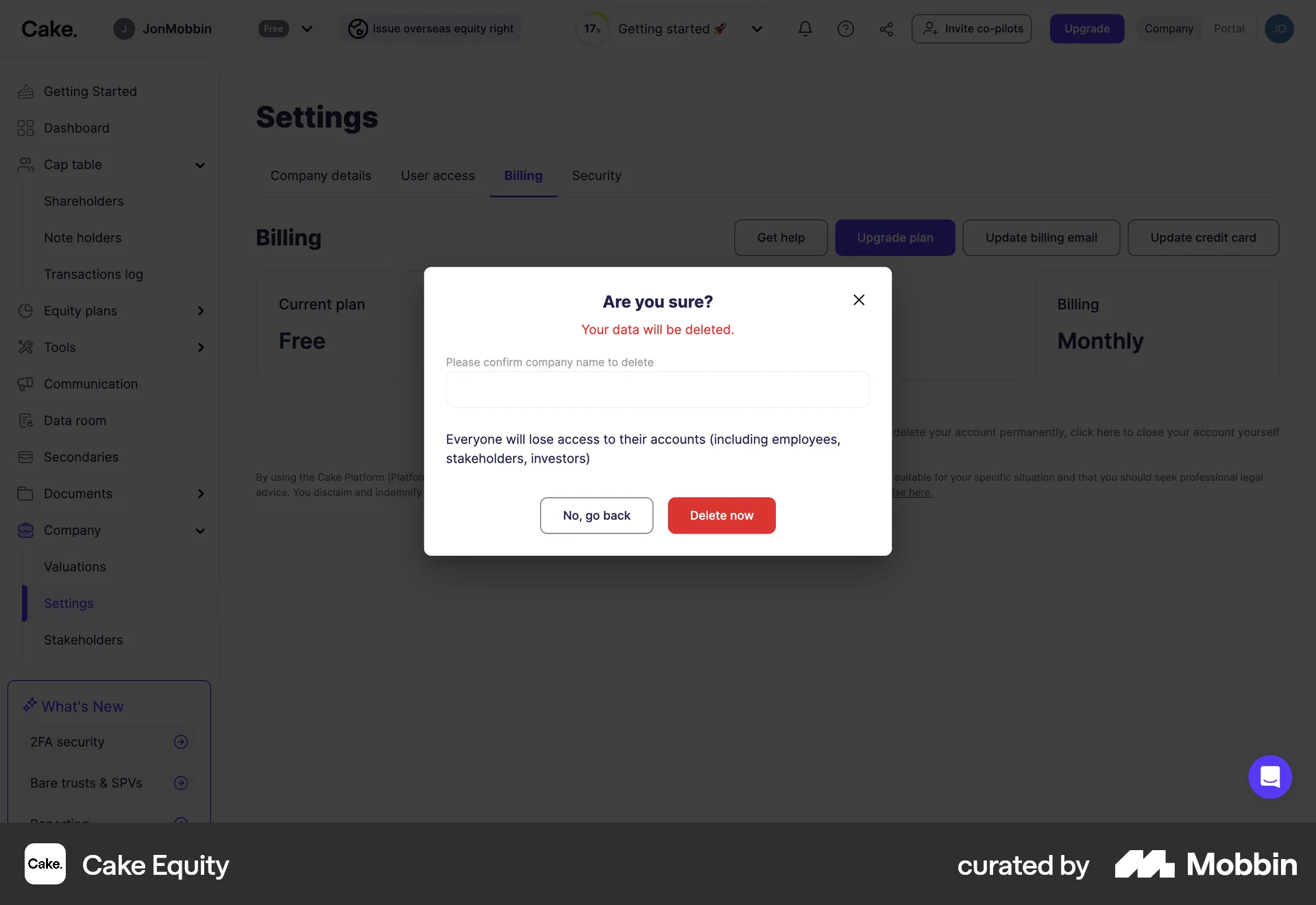 Cake Equity Web Delete & Deactivate Account screen