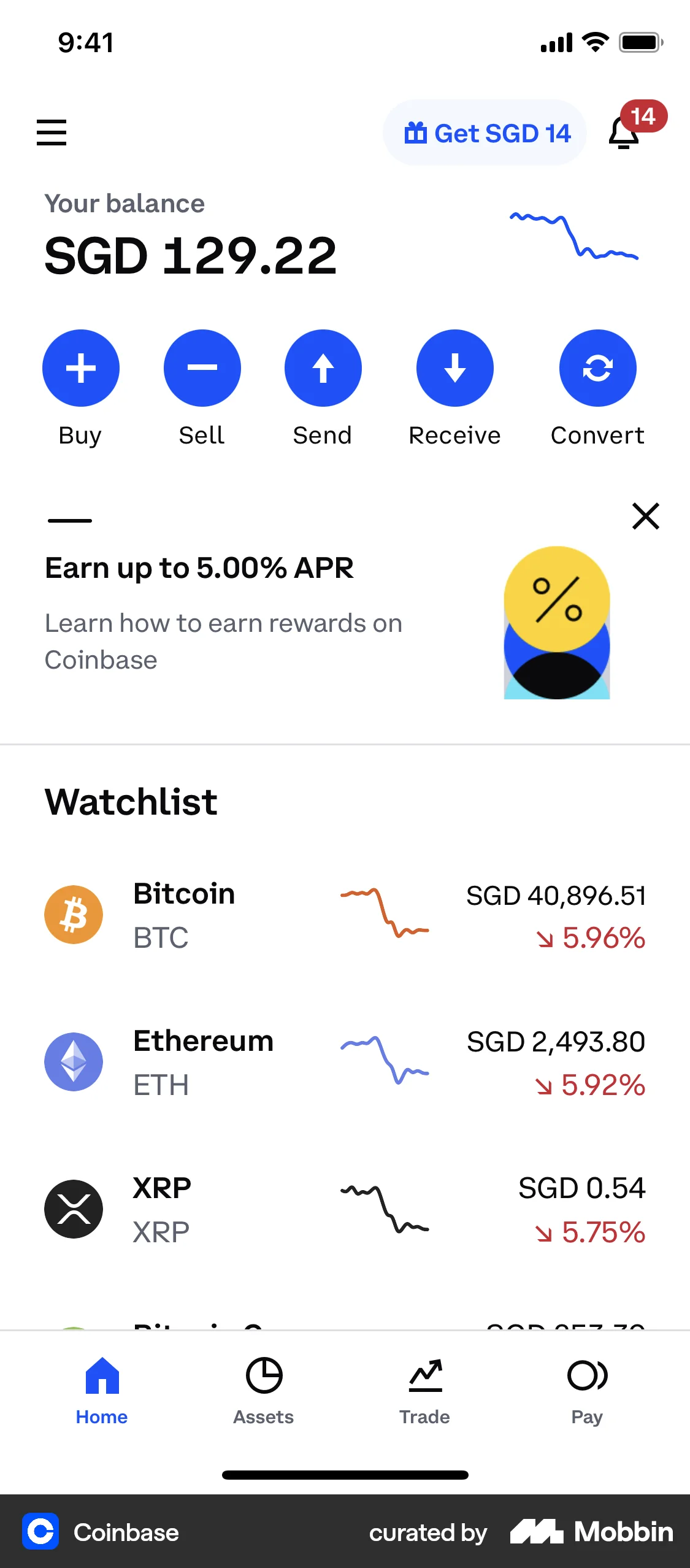 Coinbase iOS Home screen