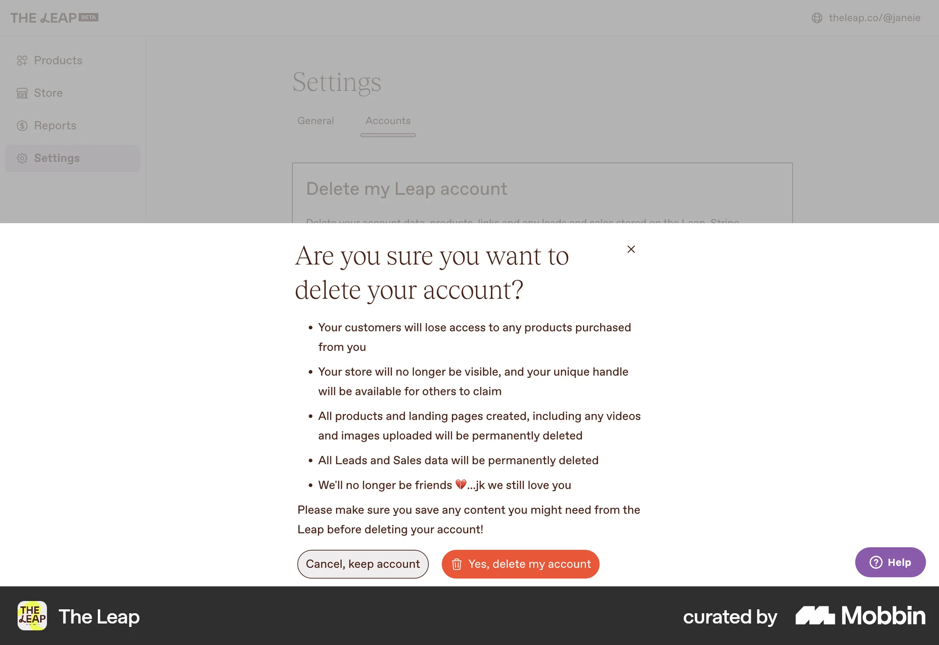 The Leap Web Delete & Deactivate Account screen