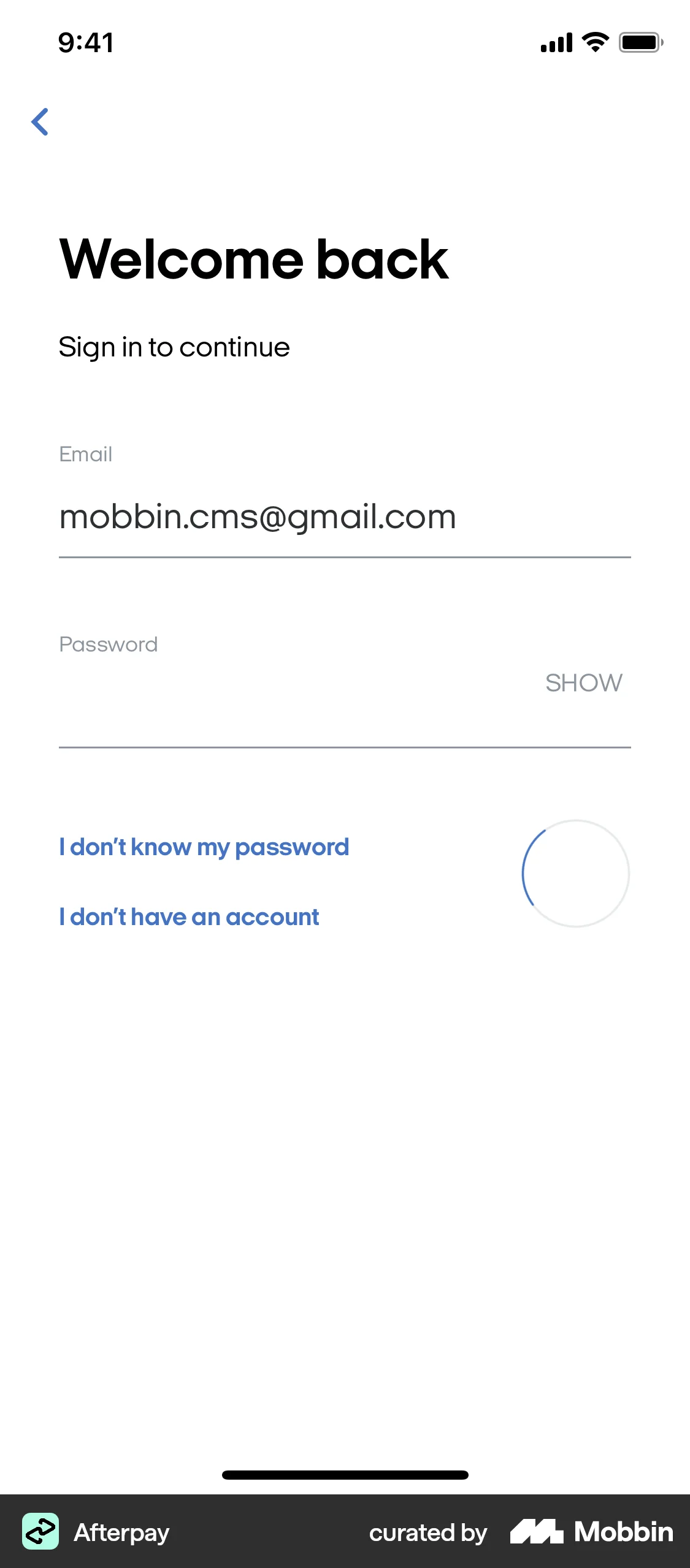 Afterpay iOS Login screen