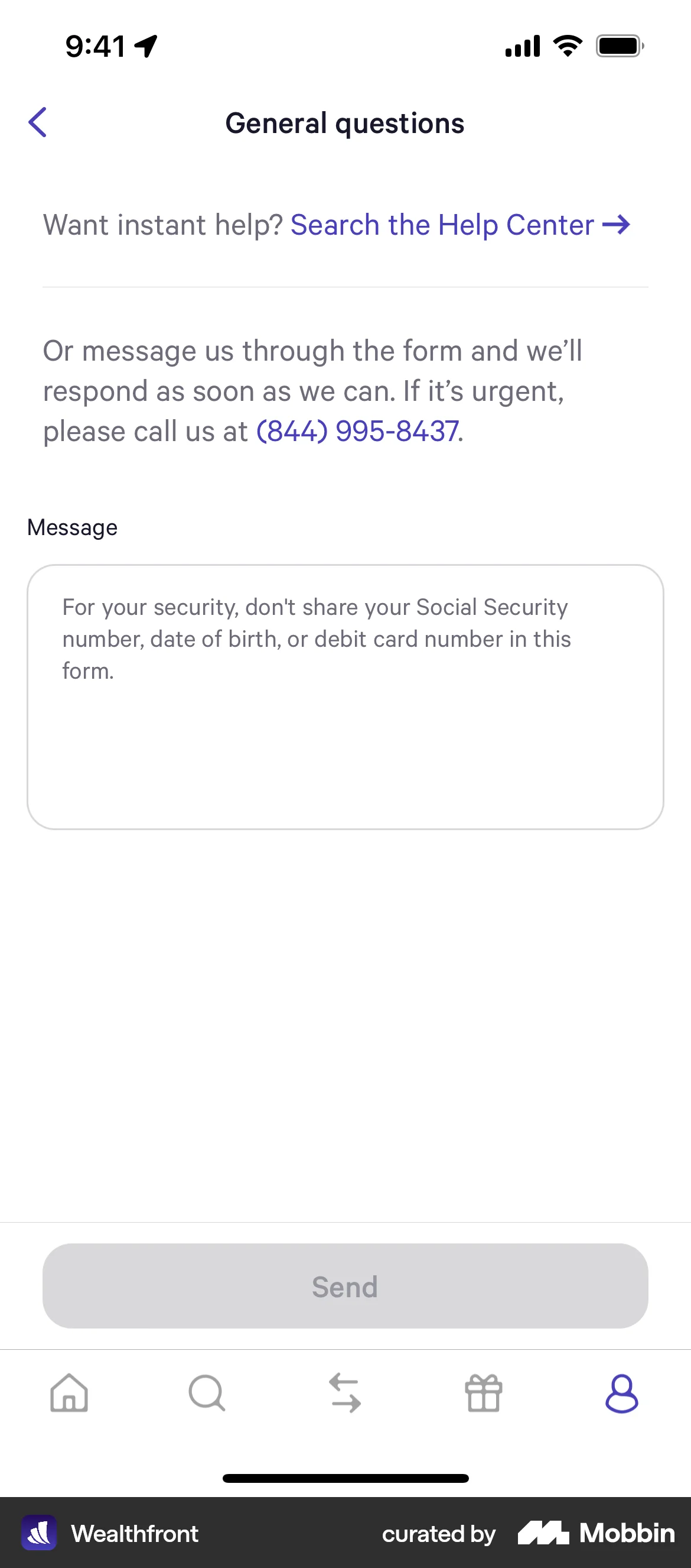 Wealthfront iOS Help & Support screen