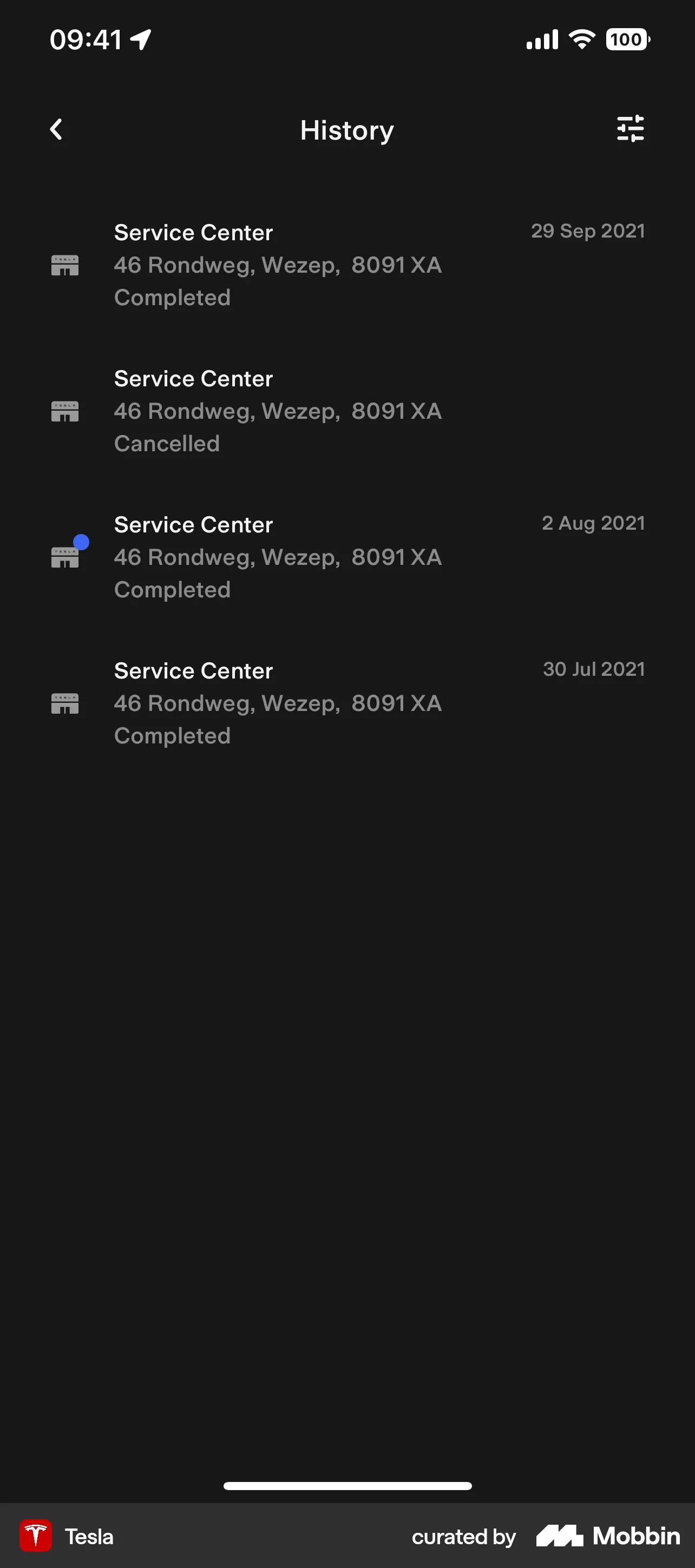 Tesla iOS Order History screen