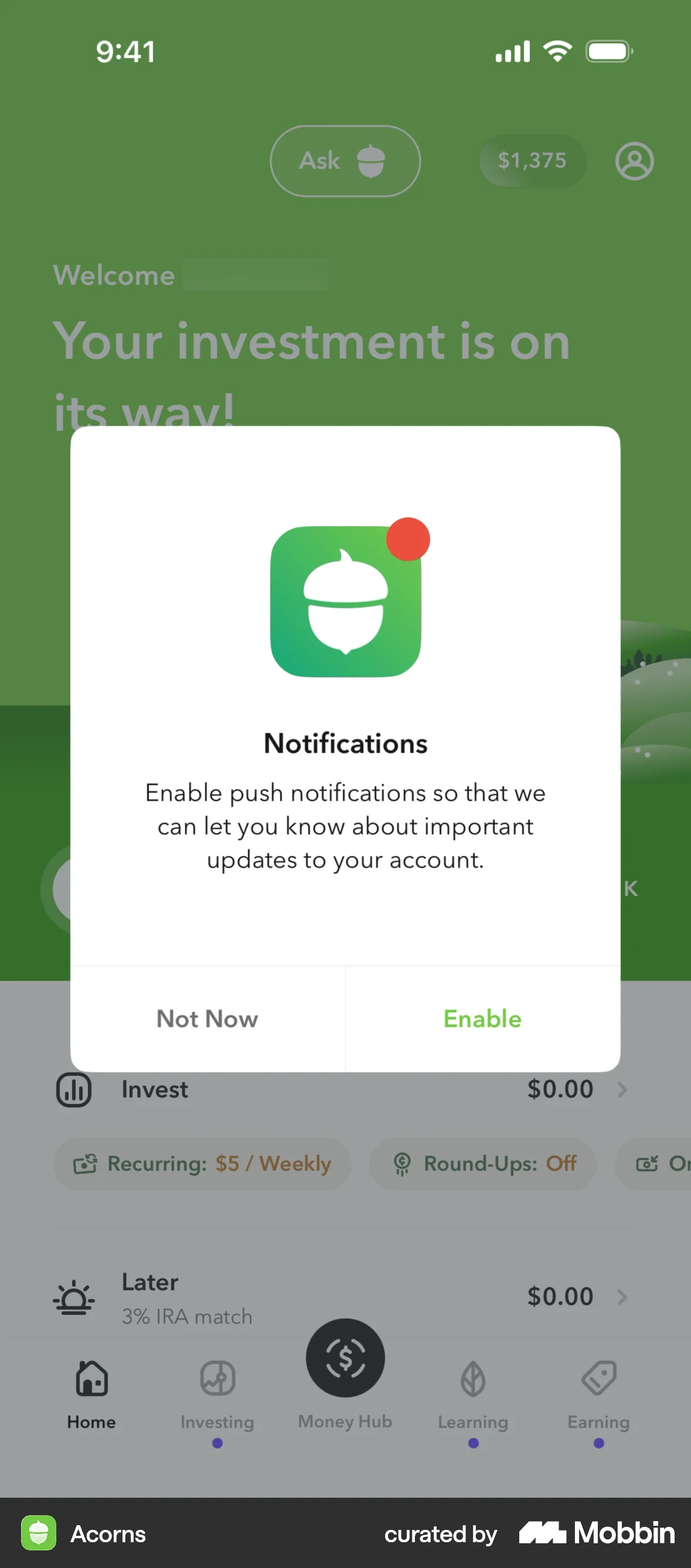 Acorns Onboarding screen