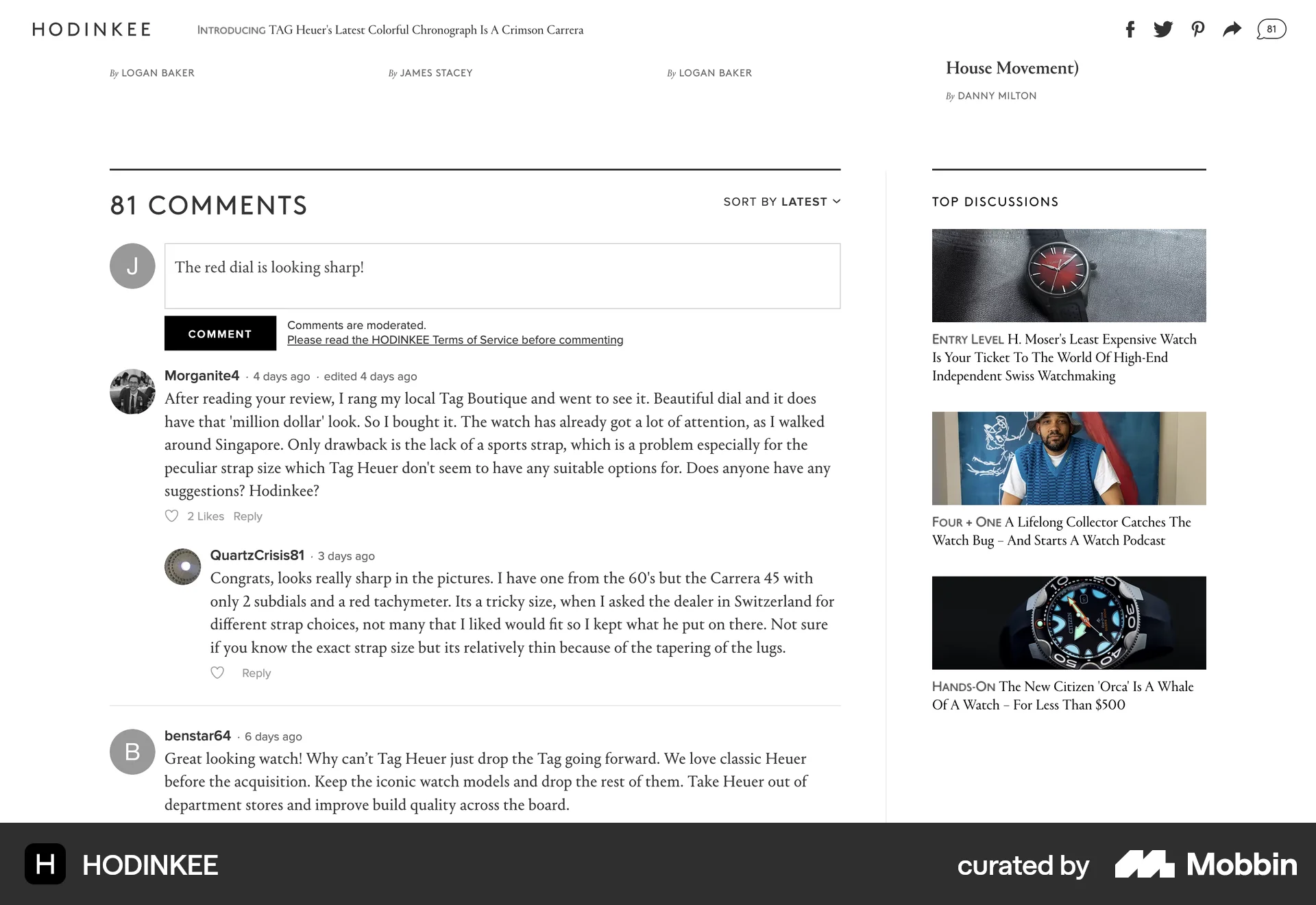 HODINKEE Web Comments screen