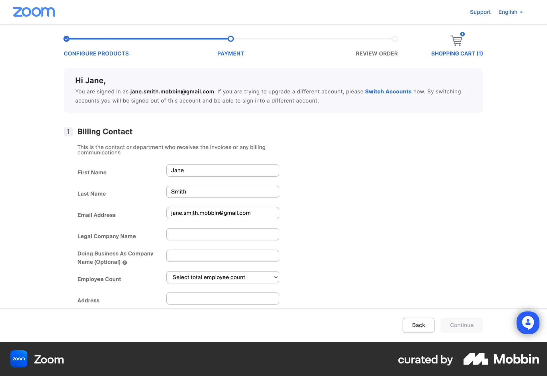 Zoom Web Payment Method screen