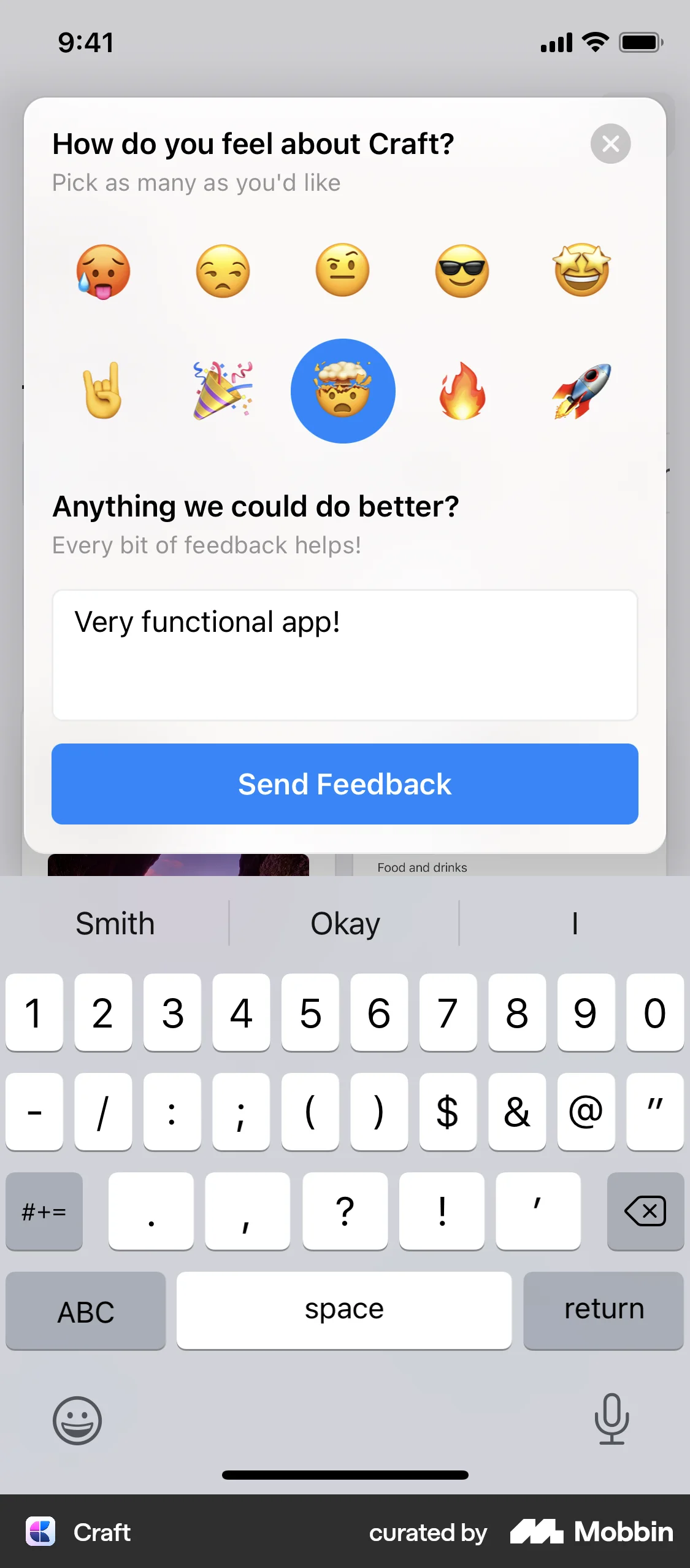 Craft iOS Feedback screen