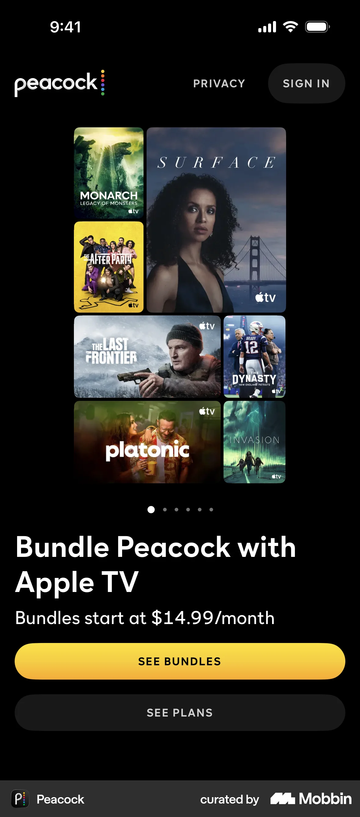 Peacock iOS screen containing Carousel UI element