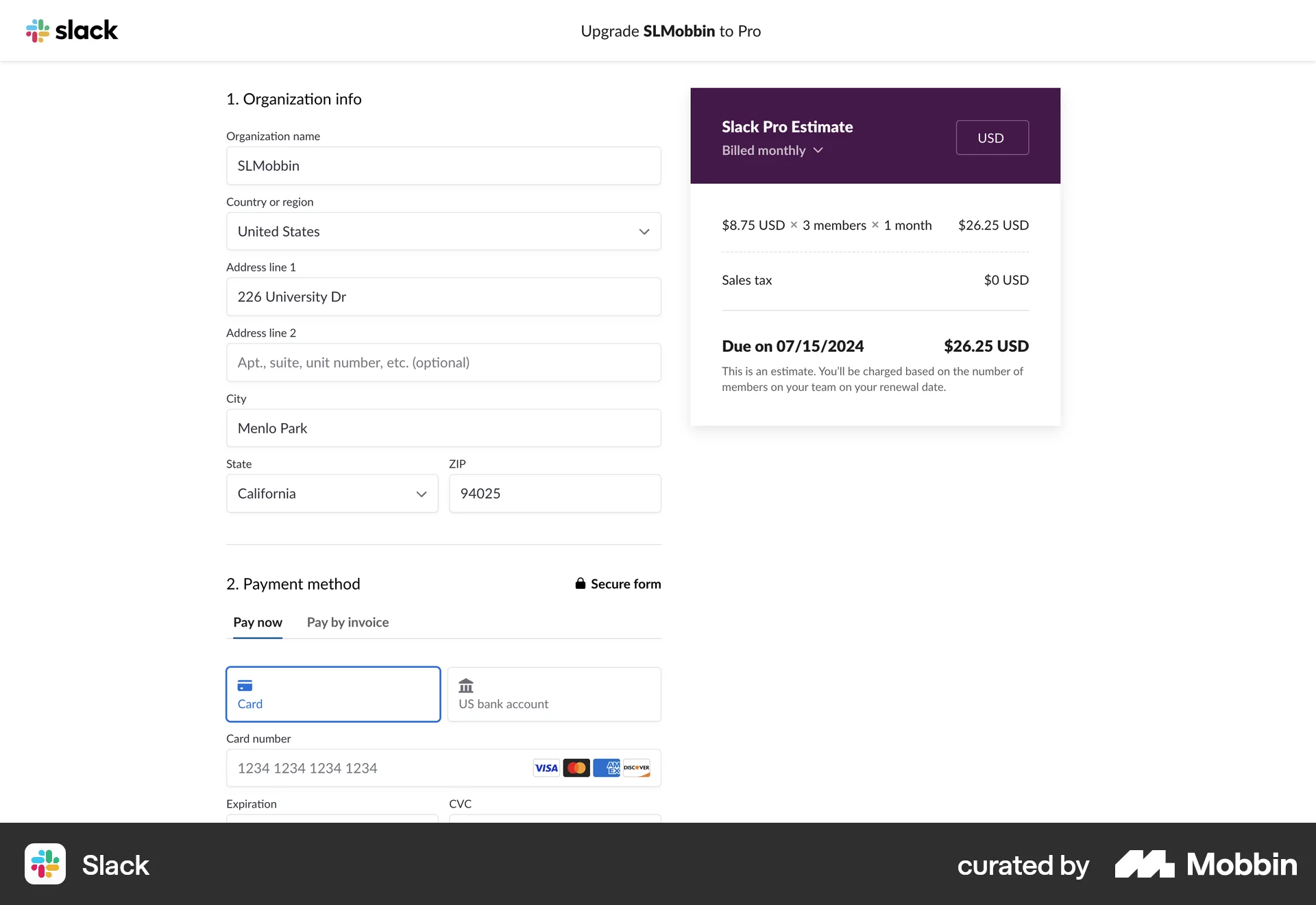 Slack Web Checkout screen