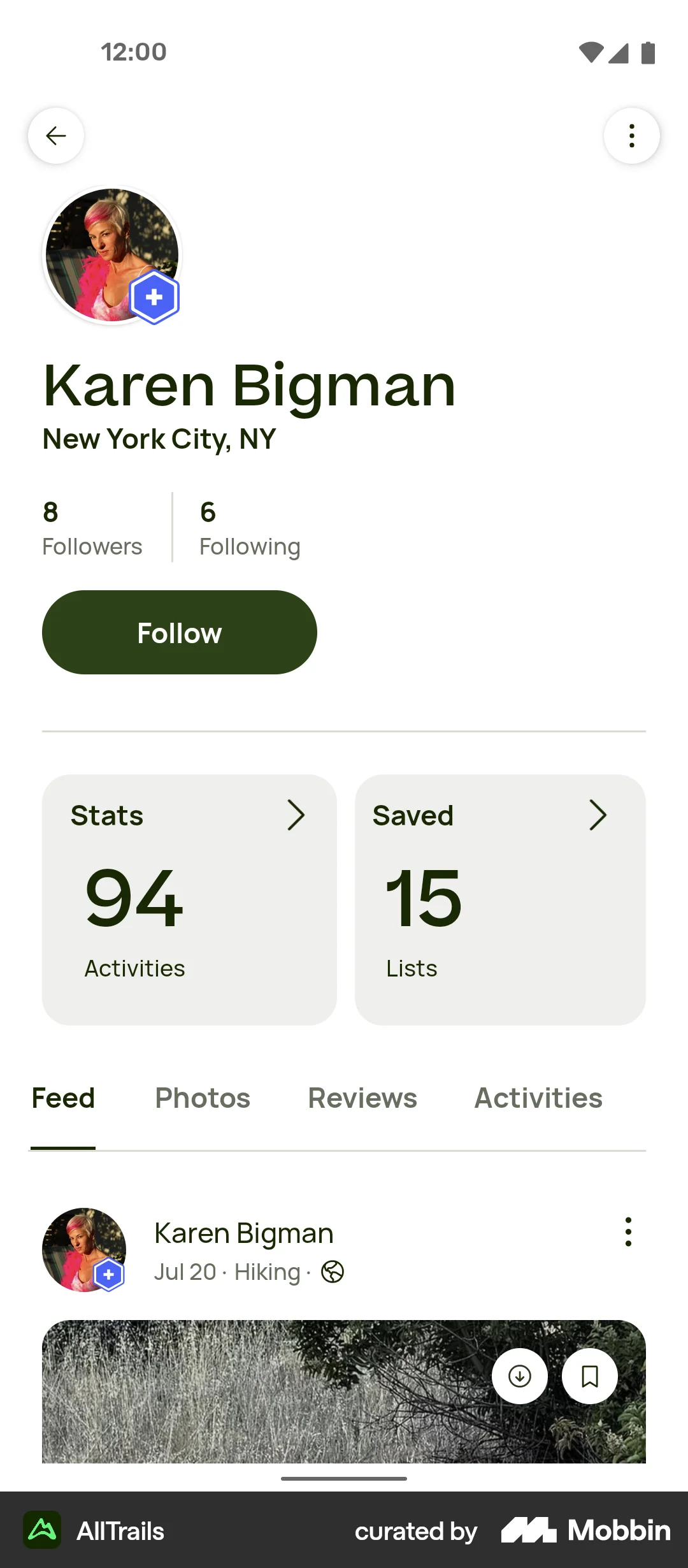 AllTrails Android User / Group Profile screen