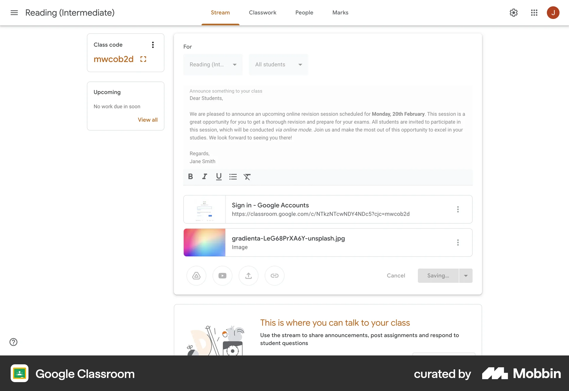 Google Classroom Web Save screen