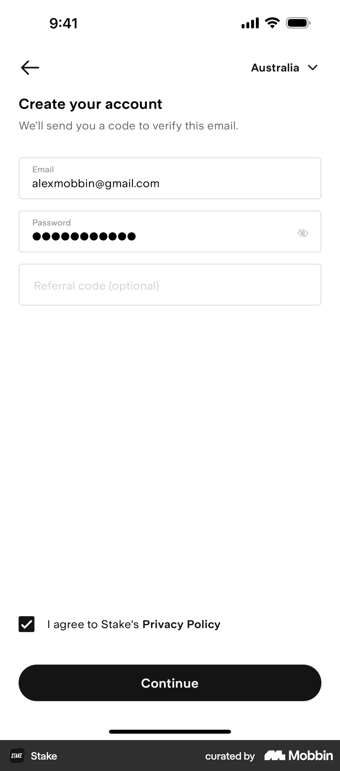 Stake iOS Signup screen