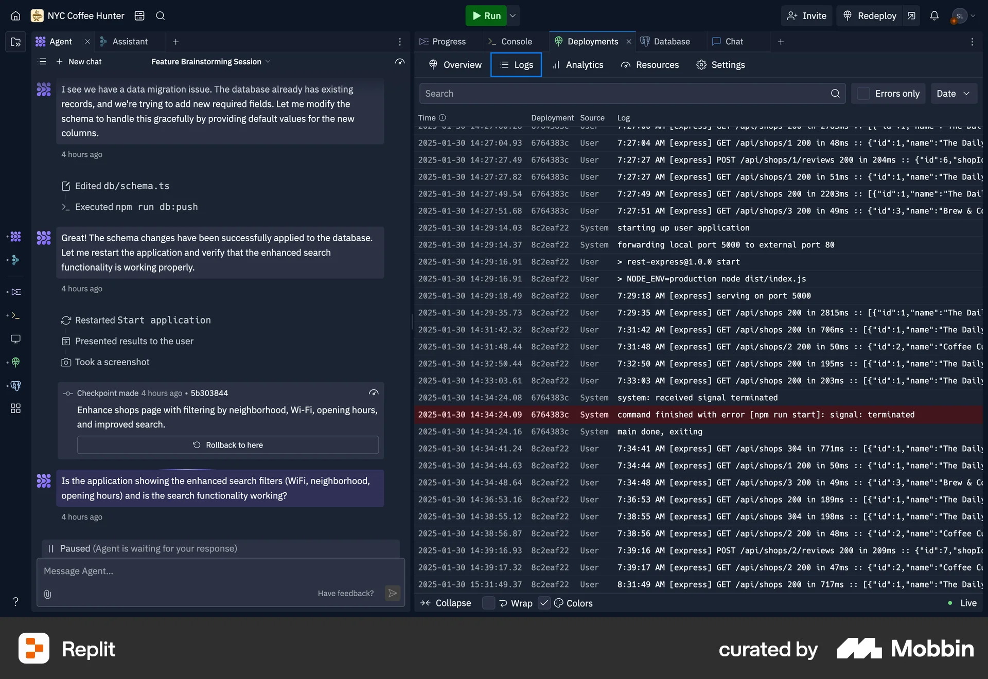 Replit Web Timeline & History screen