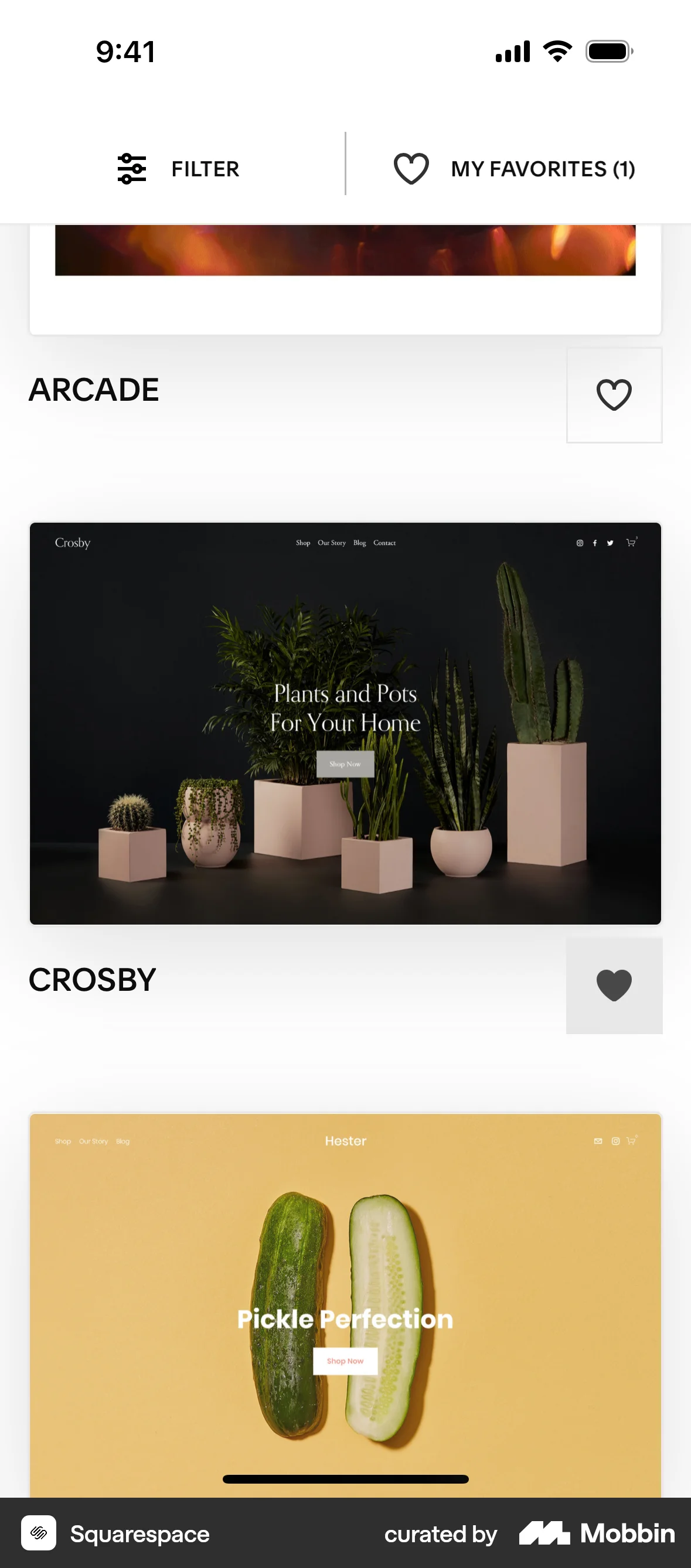 Squarespace iOS Favorite & Pin screen
