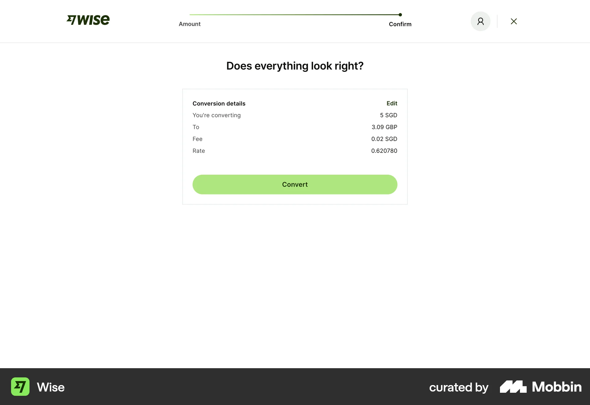Wise Web Confirmation screen