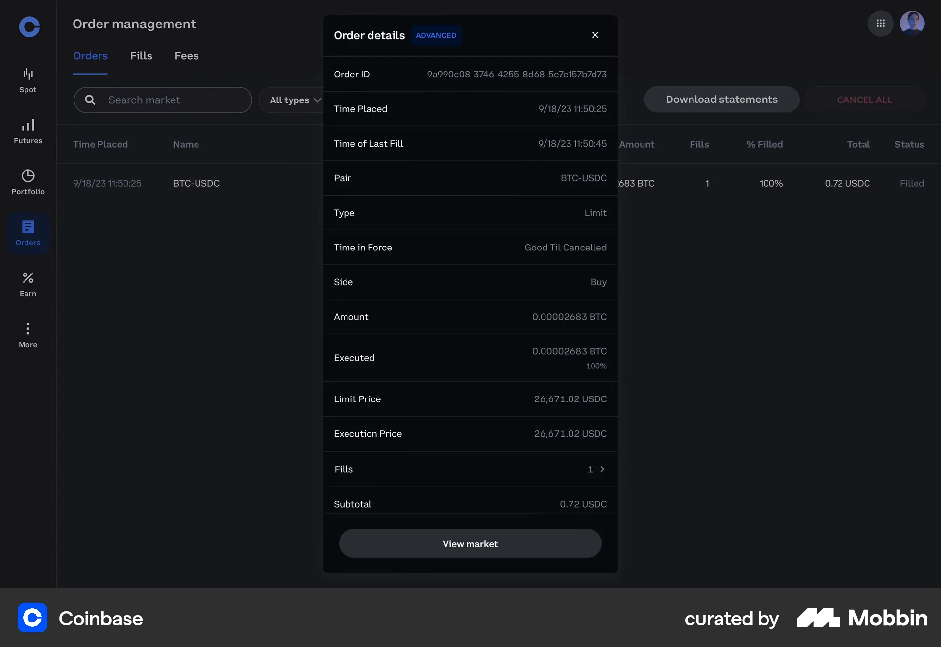 Coinbase Web Order Detail screen
