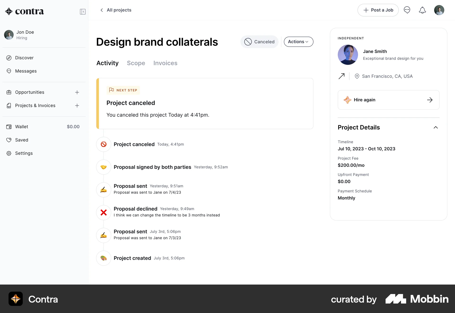 Contra Web Timeline & History screen