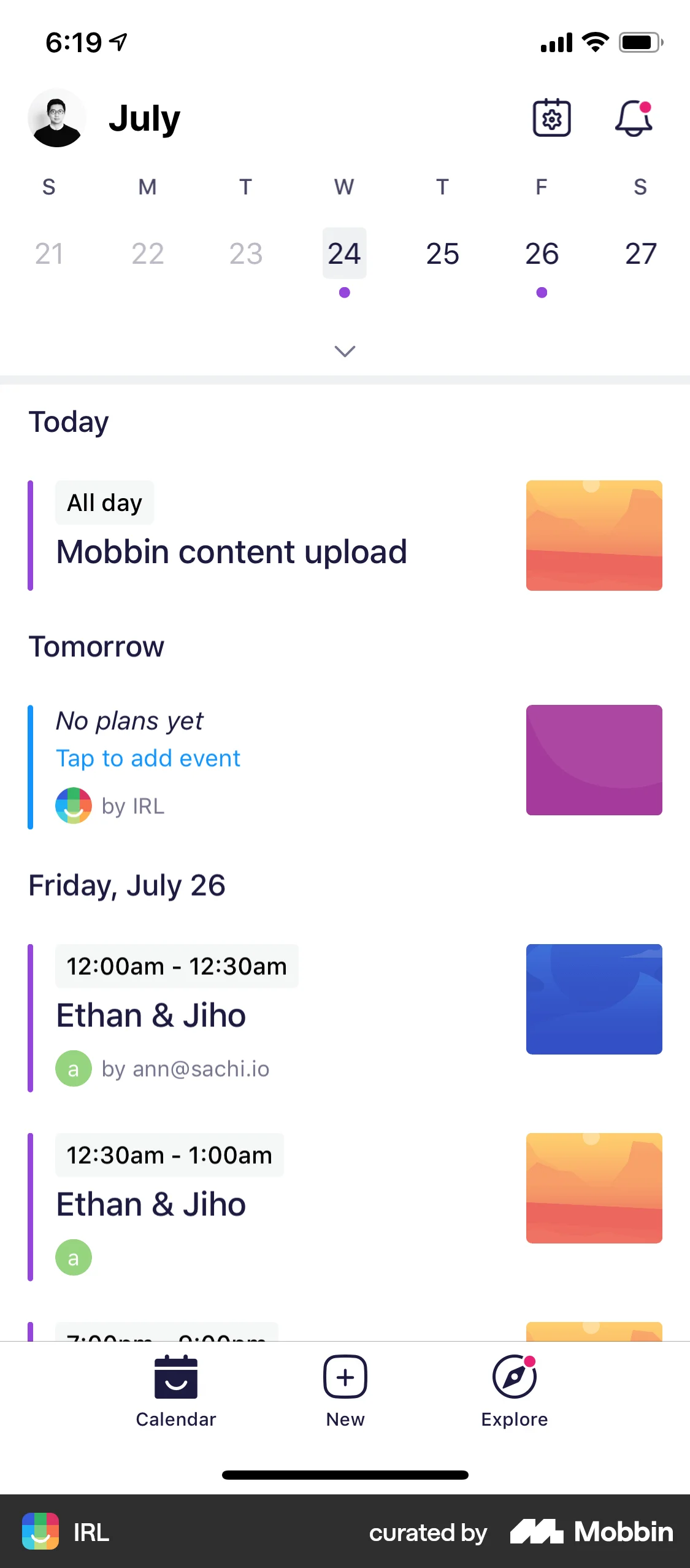 IRL iOS Calendar screen