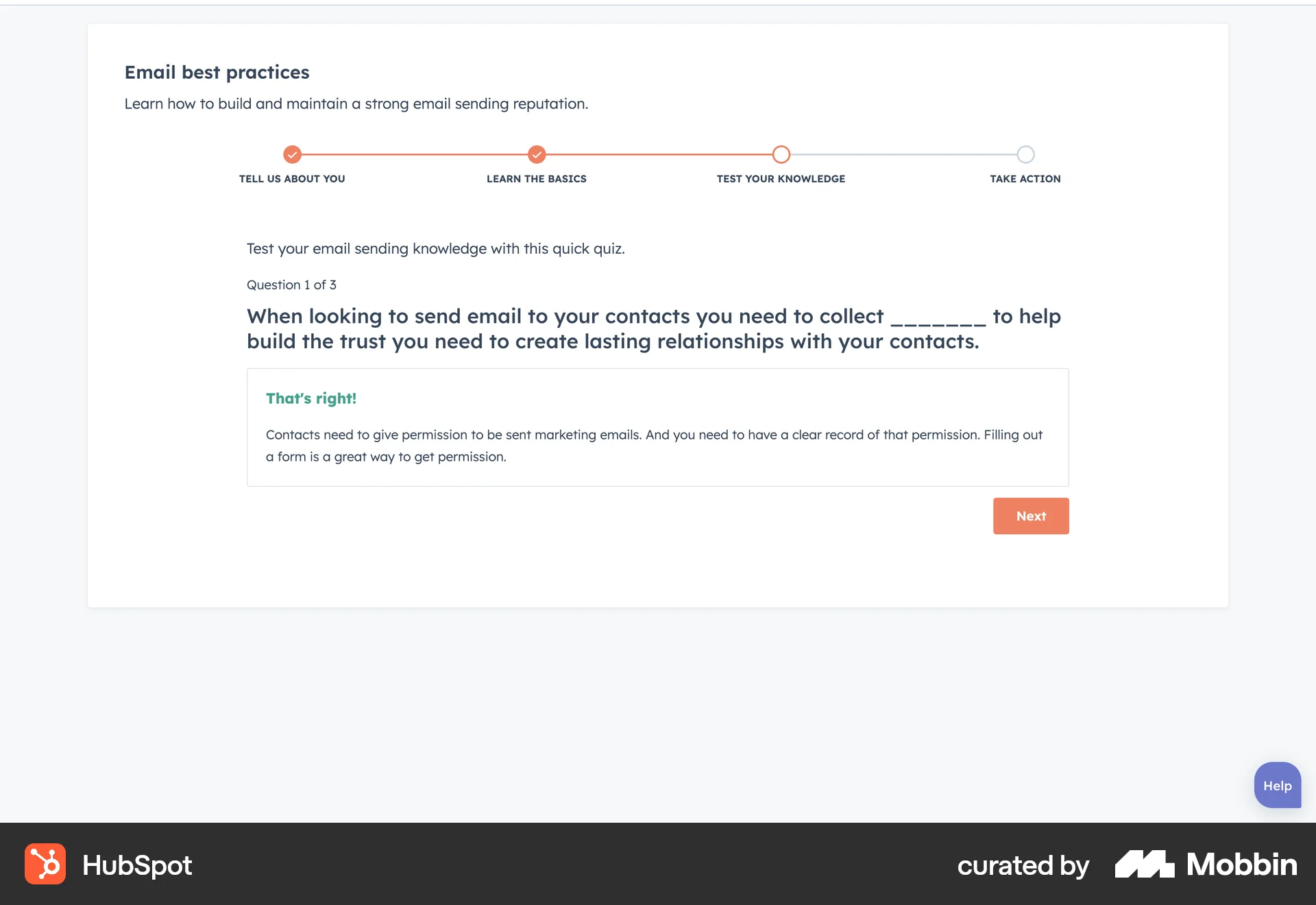 HubSpot Web Quiz screen