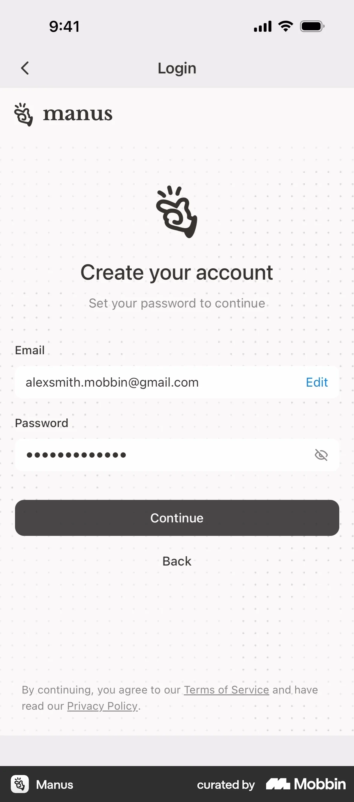 Manus iOS Signup screen