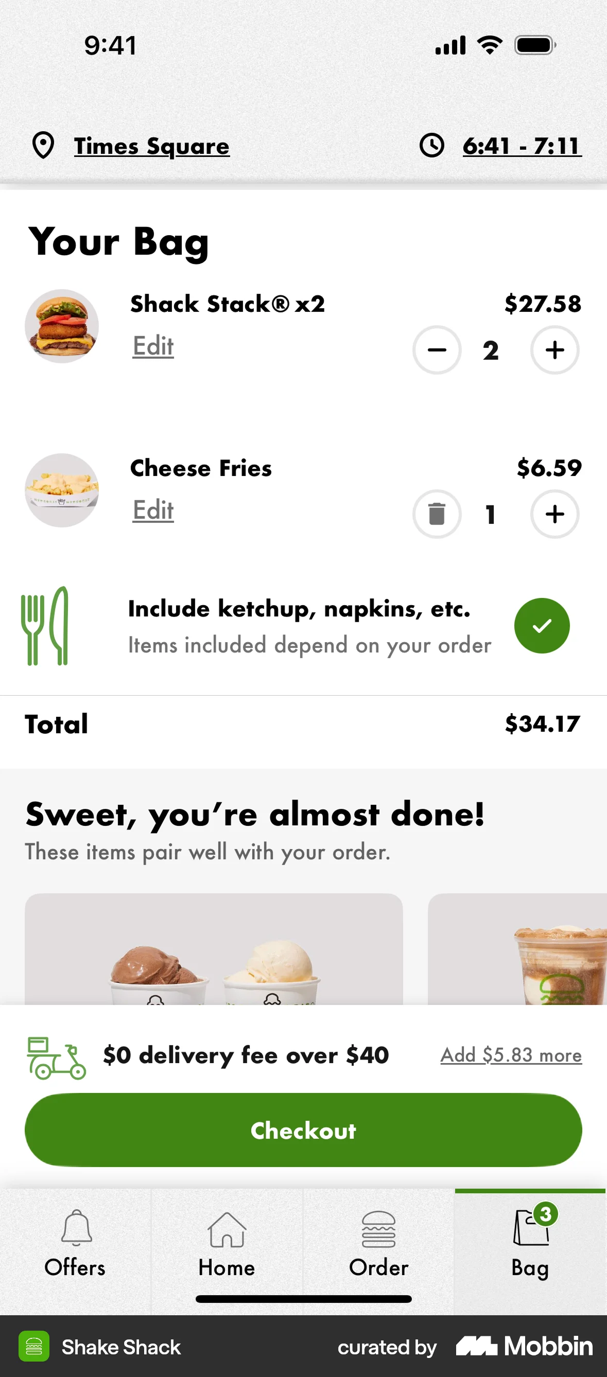 Shake Shack iOS screen containing Stepper UI element