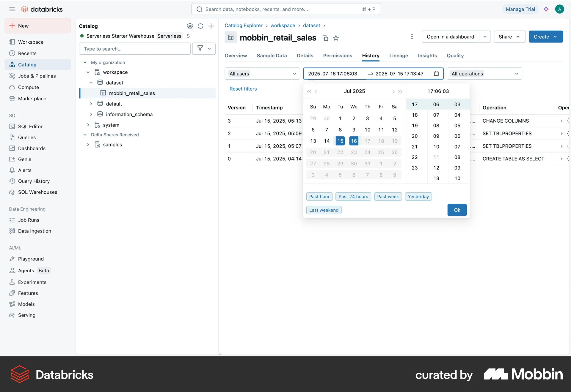 Databricks Web screen containing Time Picker UI element