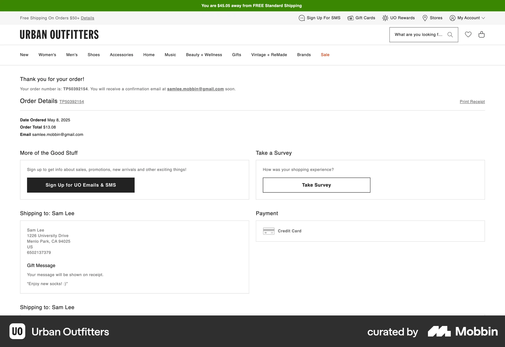 Urban Outfitters Web Order Confirmation screen