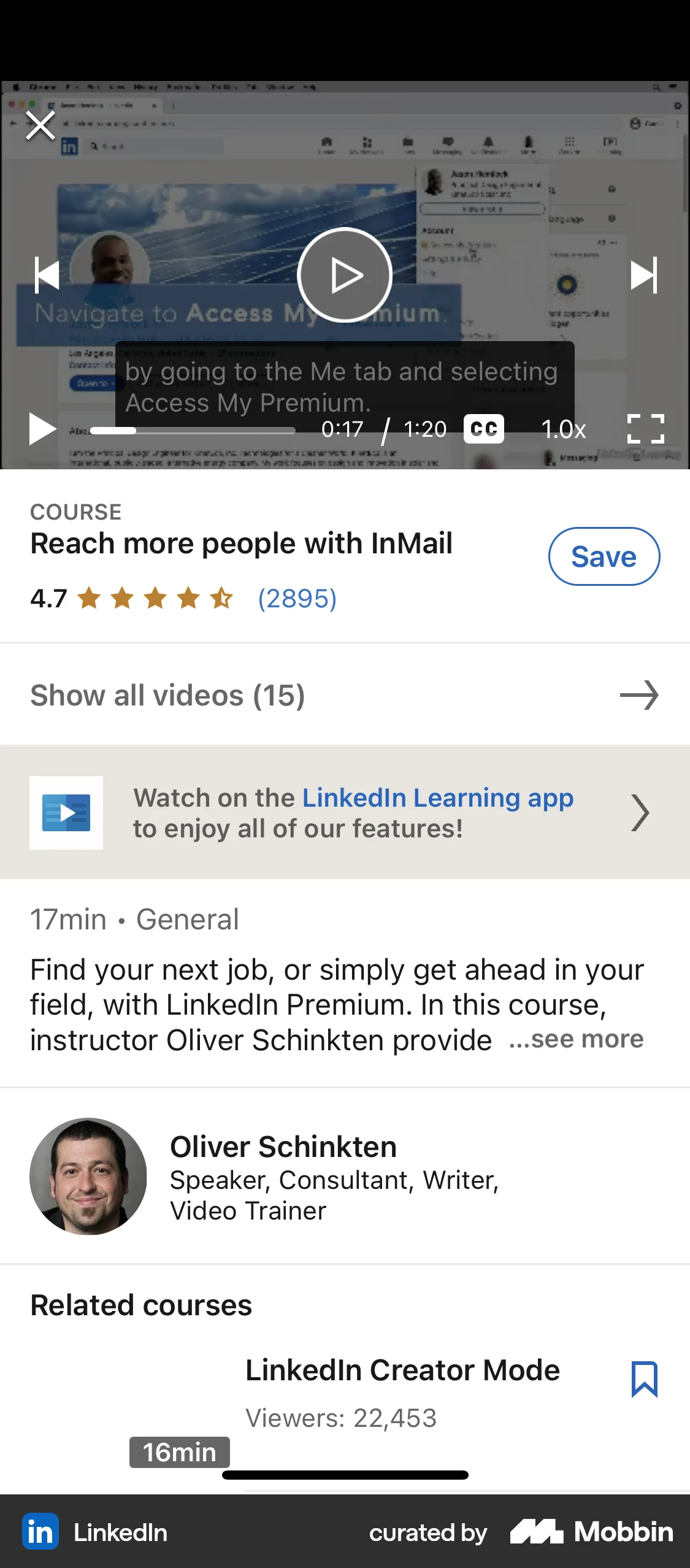 LinkedIn iOS Video Player screen