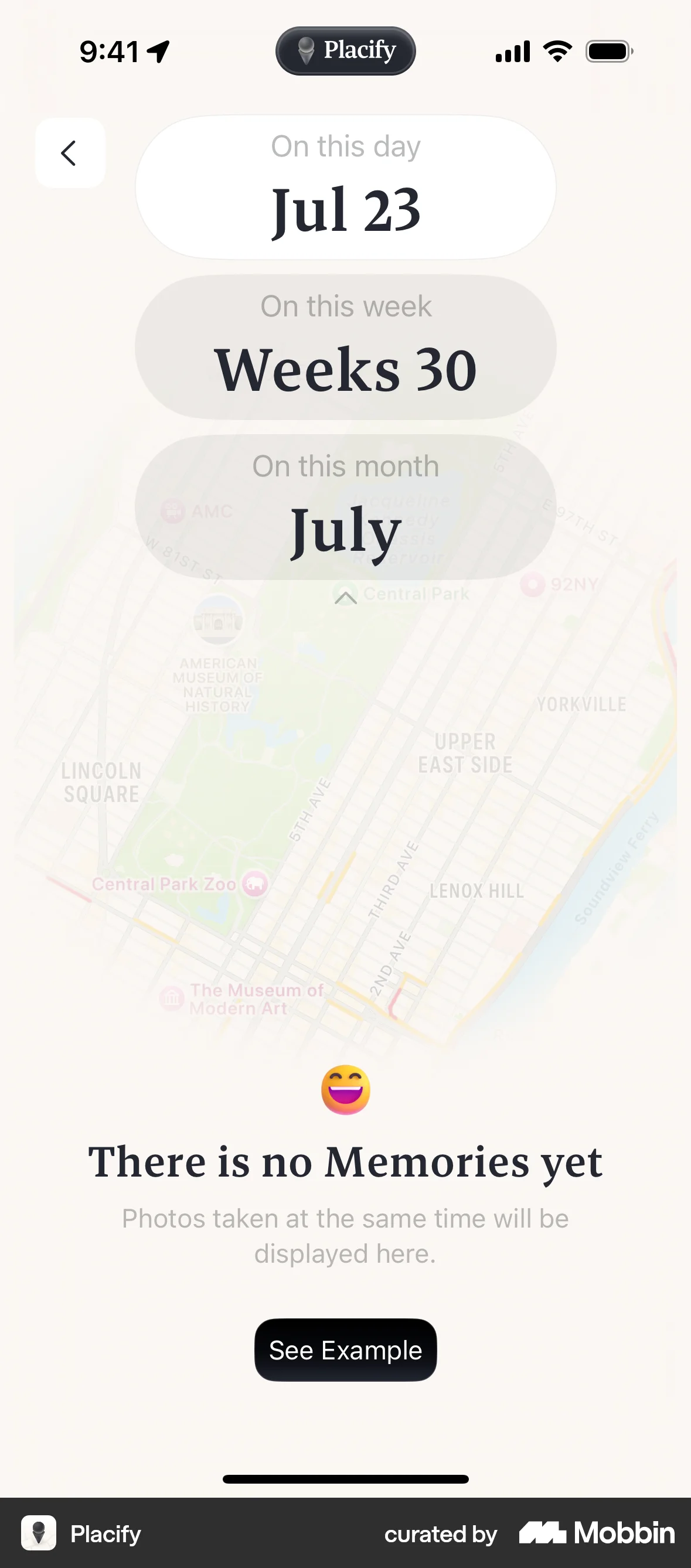 Placify iOS screen containing Drawer UI element