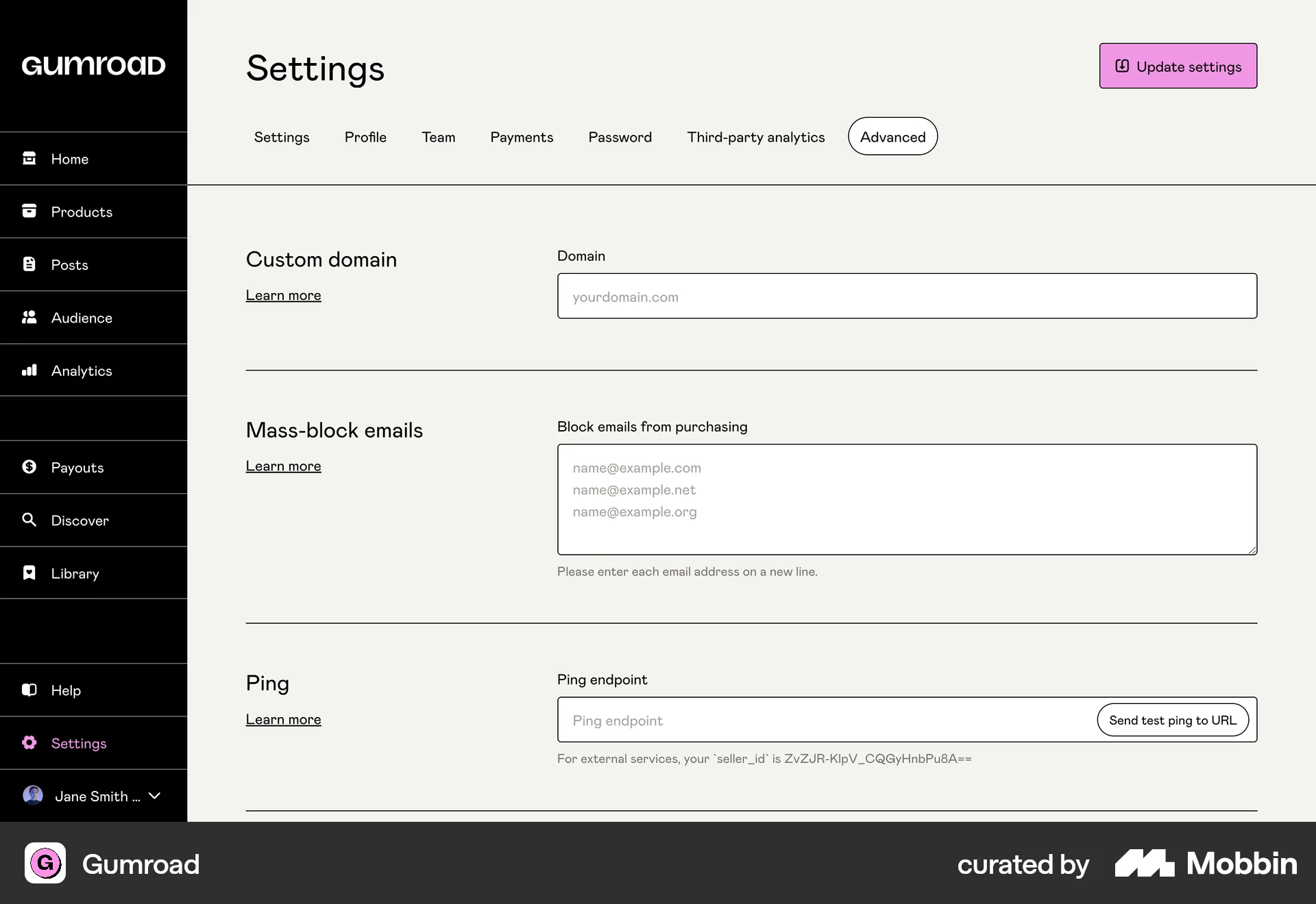 Gumroad Web Settings & Preferences screen