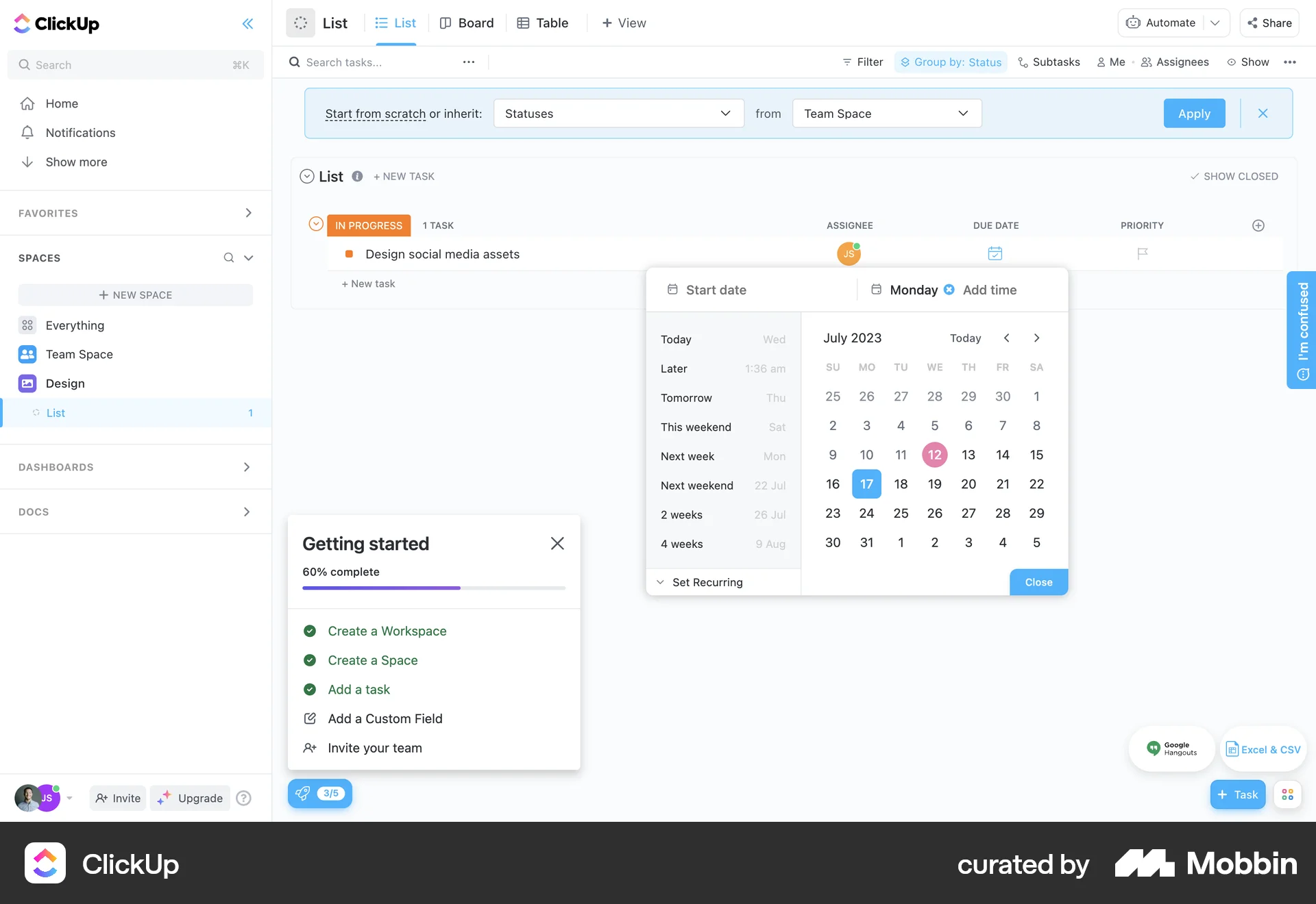 ClickUp Web screen containing Date Picker UI element