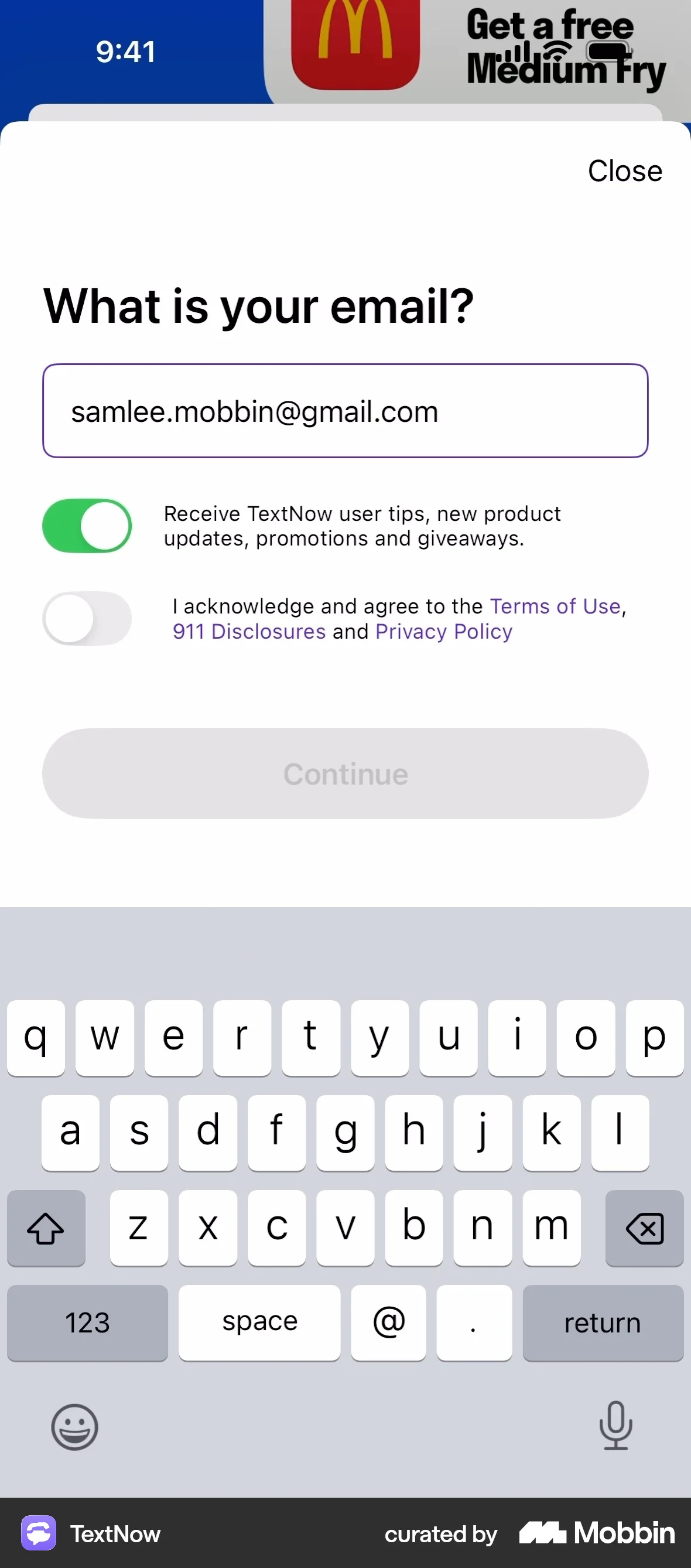TextNow iOS Signup screen