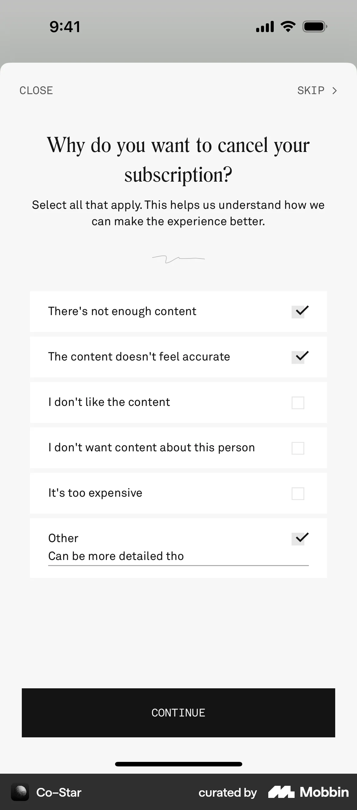 Co–Star iOS screen containing Checkbox UI element