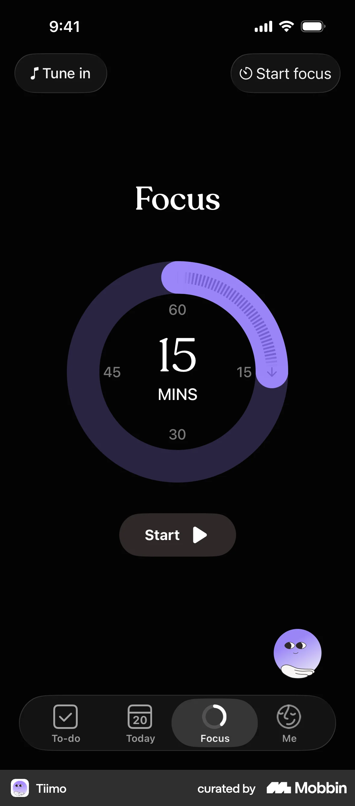 Tiimo iOS Dark Mode screen