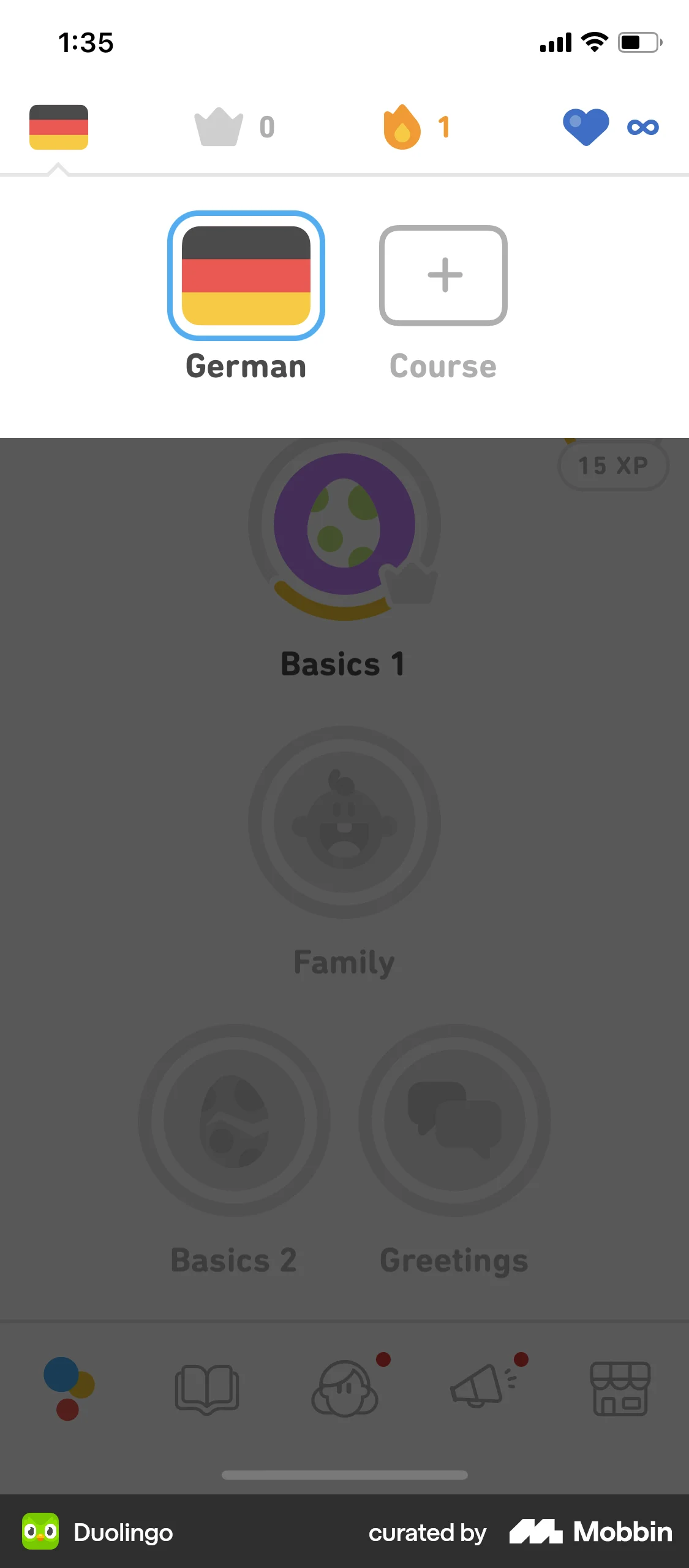 Duolingo iOS screen containing Drawer UI element