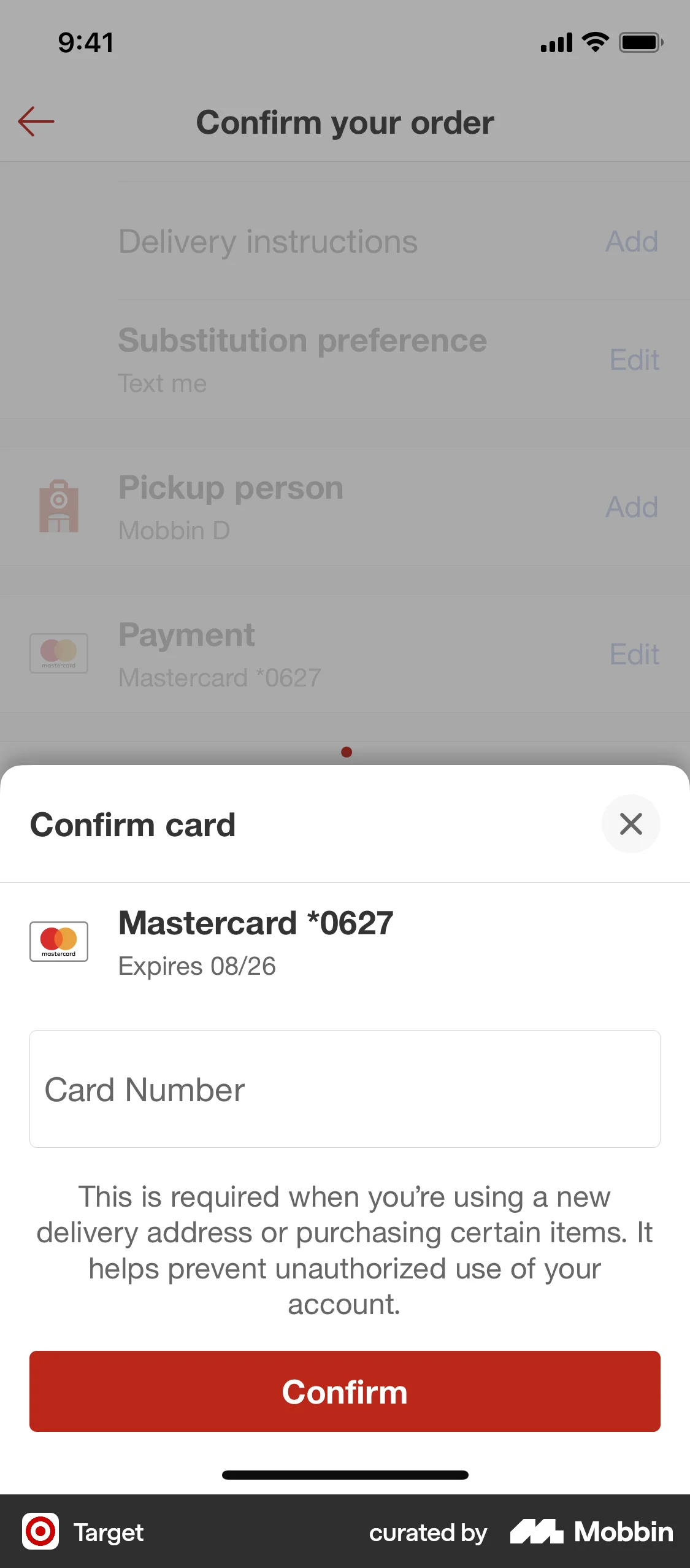 Target iOS Payment Method screen