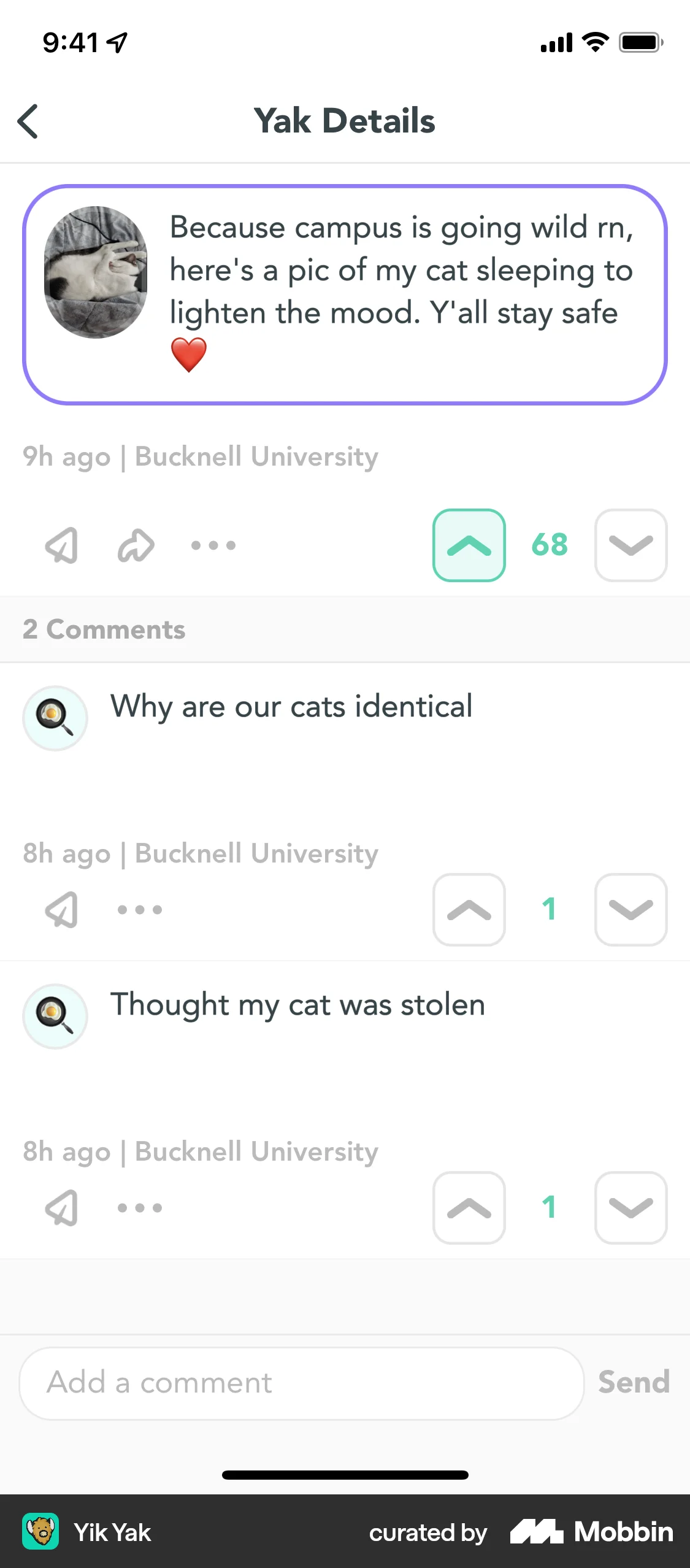 Yik Yak iOS Post Detail screen