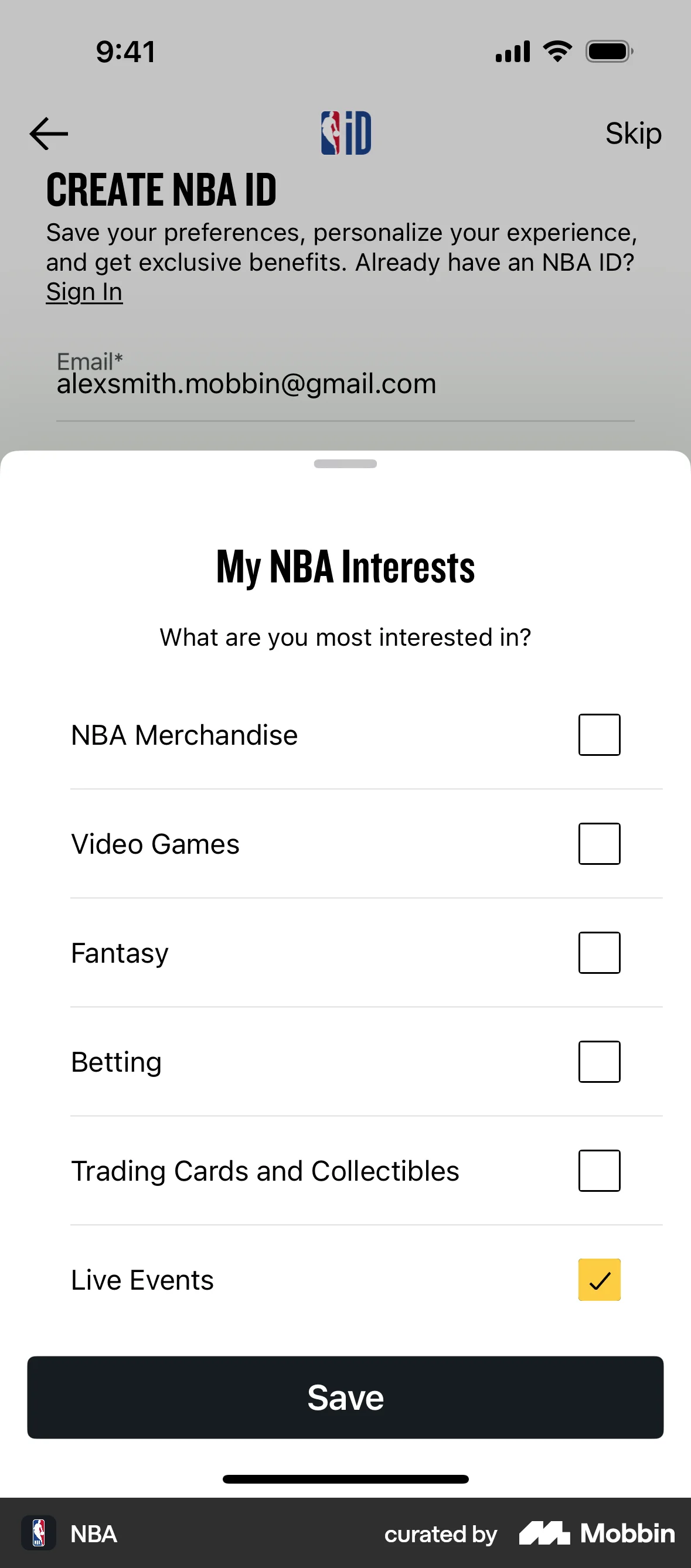 NBA iOS screen containing Checkbox UI element